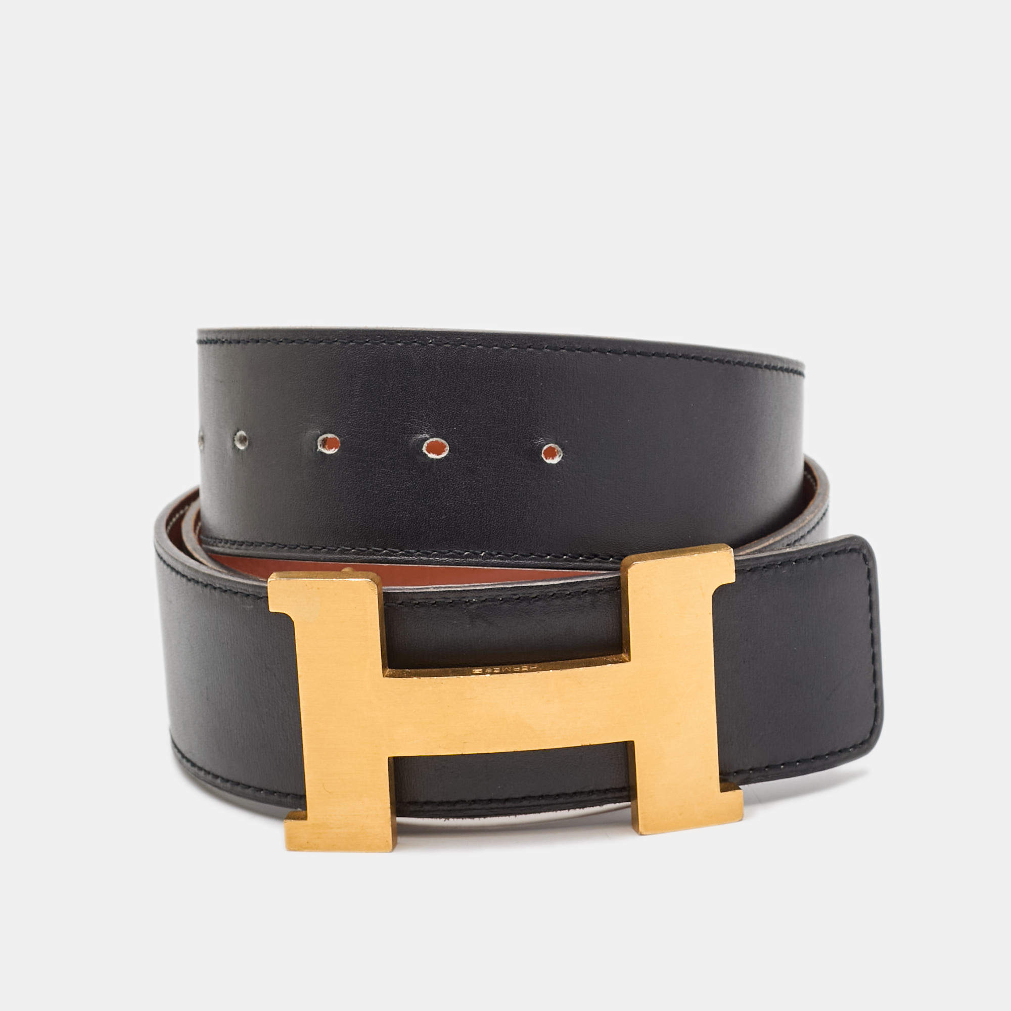 Pre Owned Hermes Black/Gold Box and Chamonix Leather Constance 2 Reversible Belt 80CM