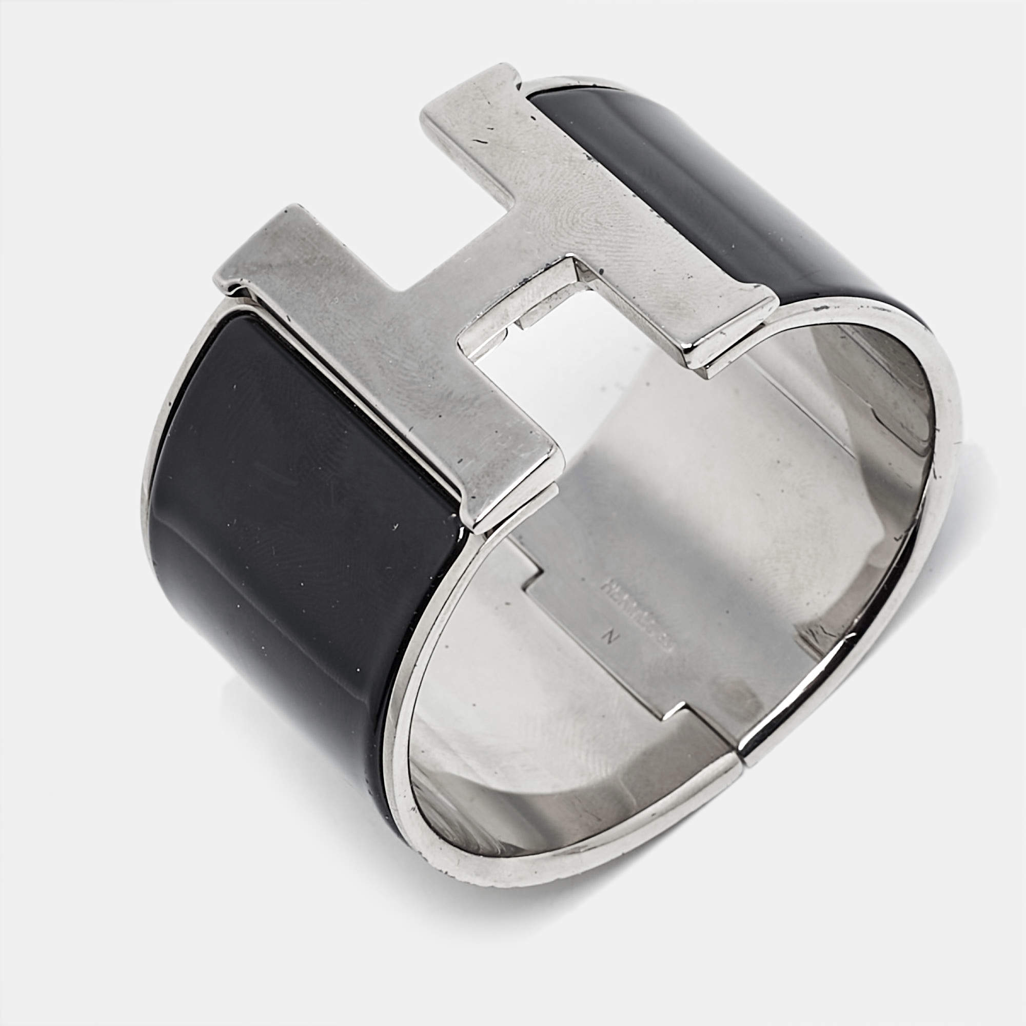 Hermes Clic Clac H Black Enamel Palladium Plated Extra Wide Bracelet