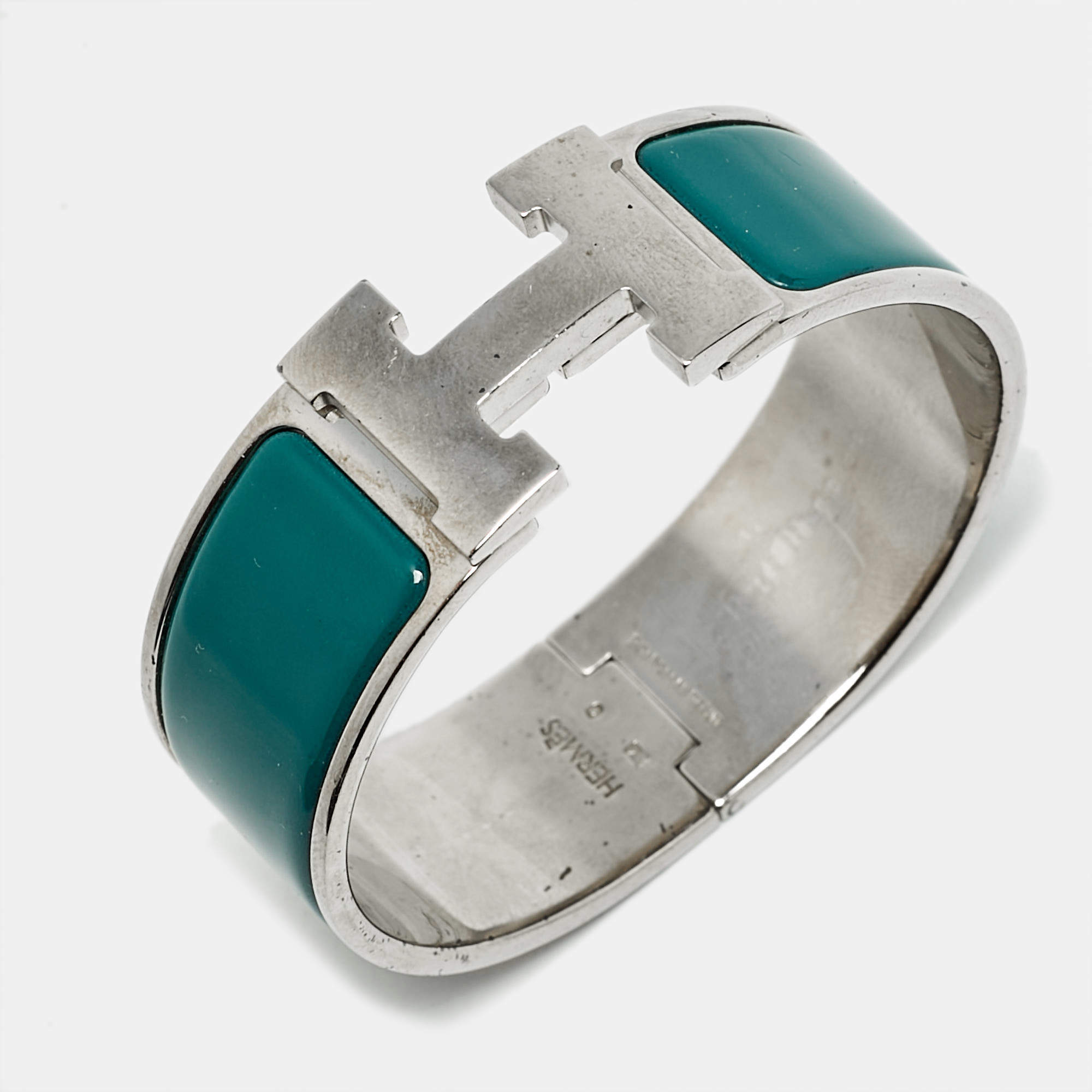 Hermes Clic Clac H Green Enamel Palladium Plated Bracelet