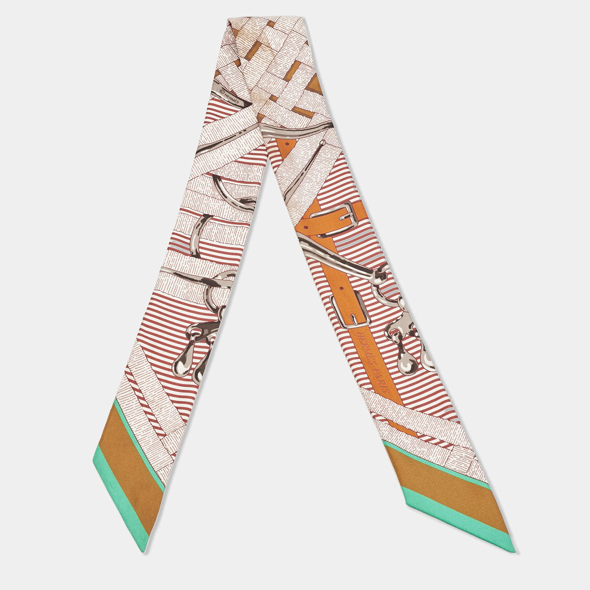 Pre Owned Hermès Brown/Orange Mors a Jouets Silk Twilly Set of 2