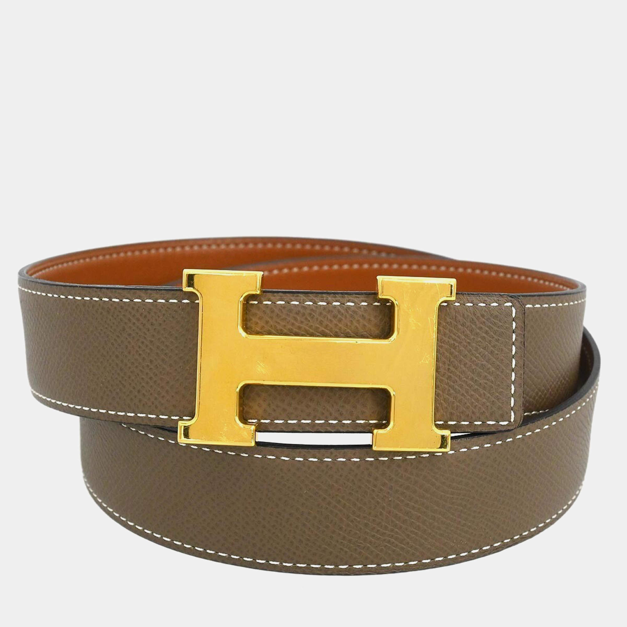 Hermes Gray Brown Epsom and Swift Leather Constance Reversible Belt Size 90
