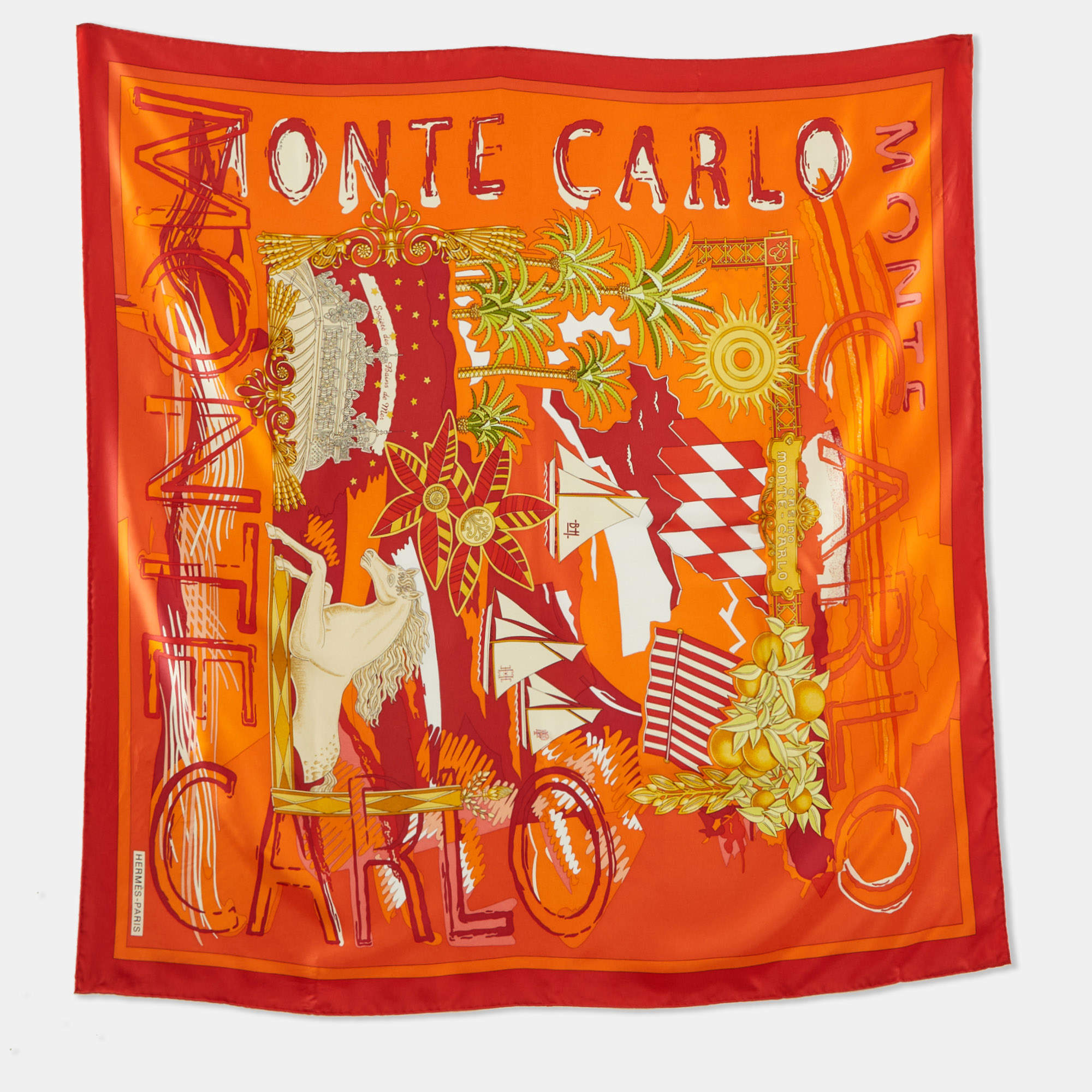 مملوكة مسبقًا Hermes Orange/Red Monte Carlo Silk Scarf