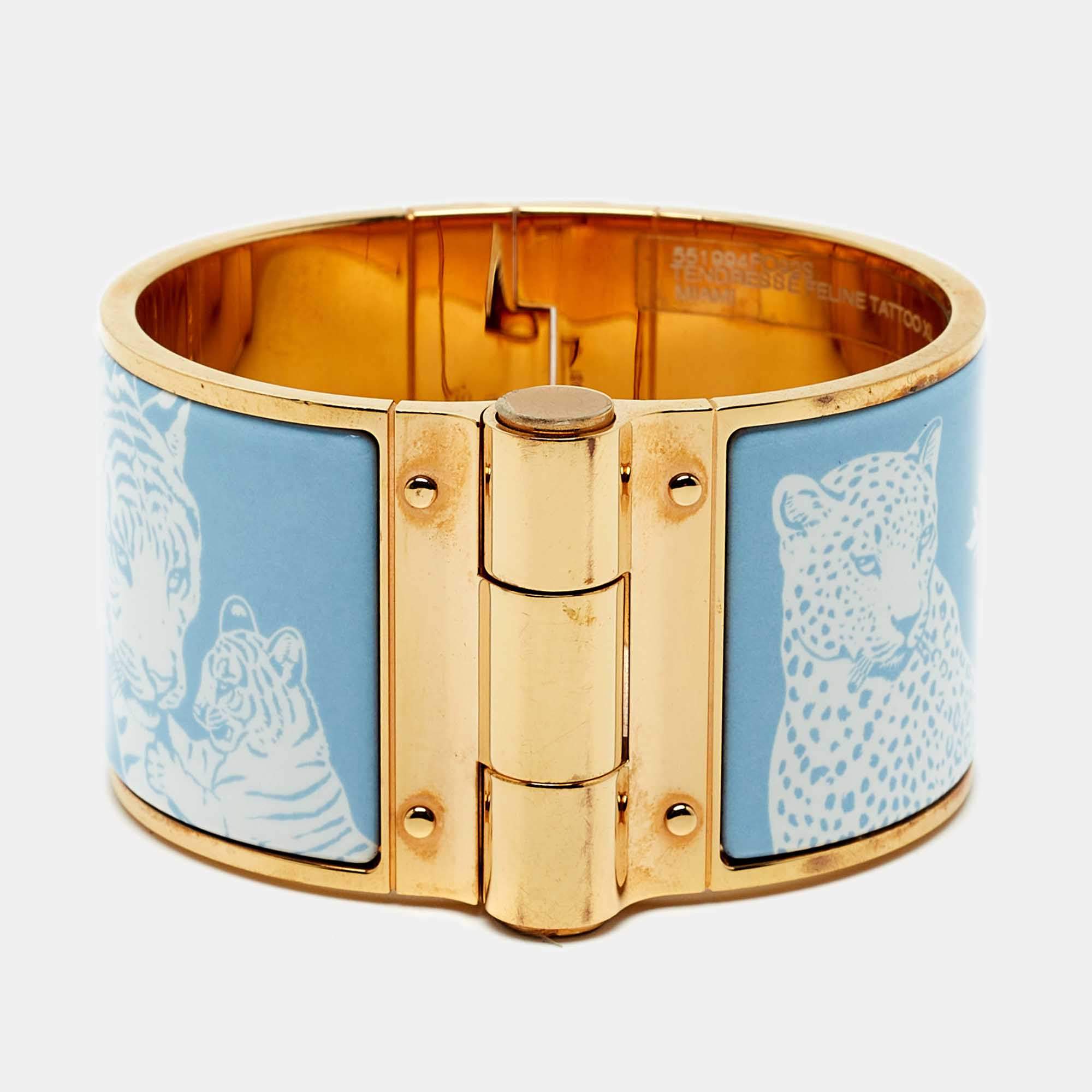 Pre Owned Hermès Tendresse Feline Tattoo Enamel Gold Plated Wide Hinged Bangle Bracelet