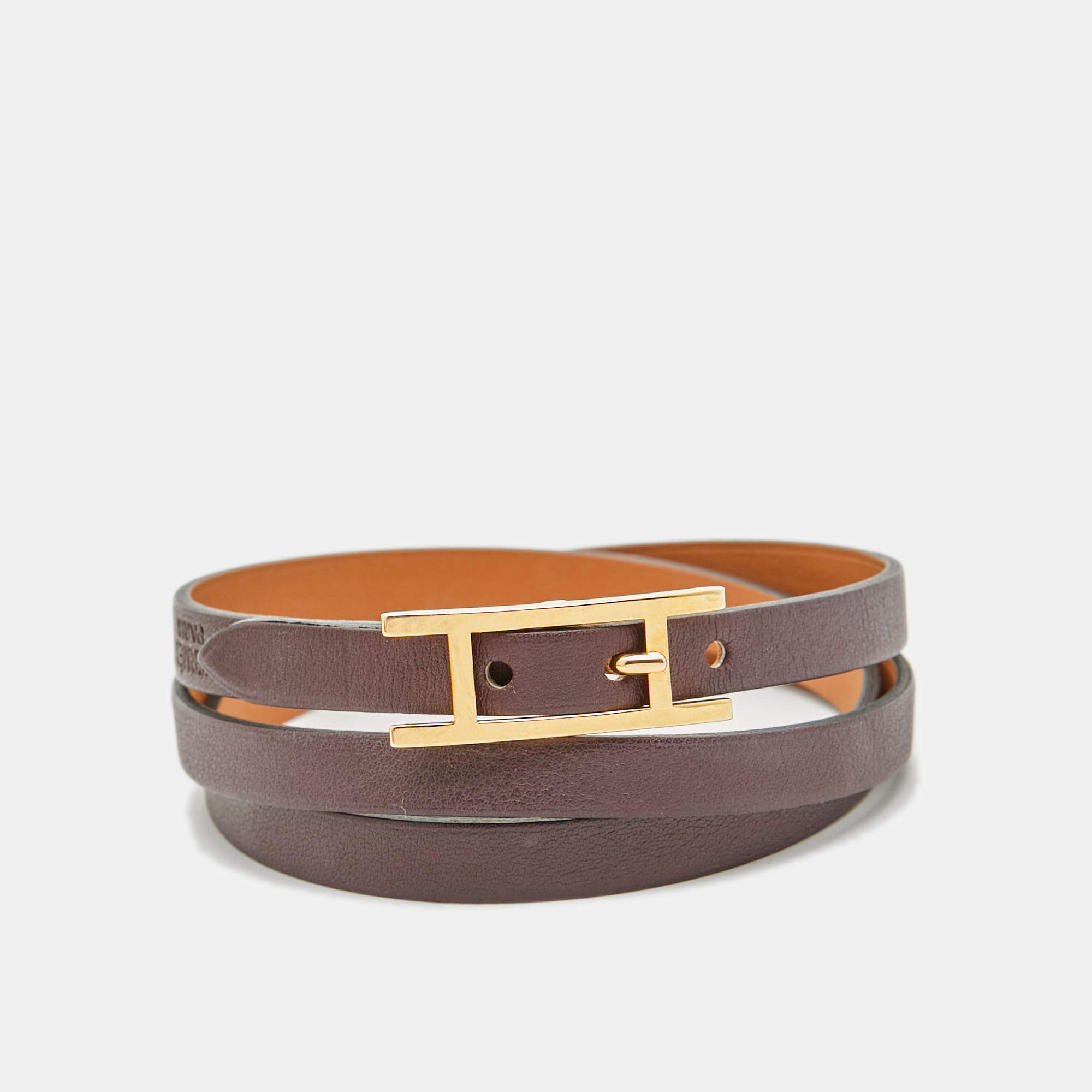 Hermes  Hapi 3 Grand Wrap Leather Gold Plated  Triple Tour Wrap Bracelet 