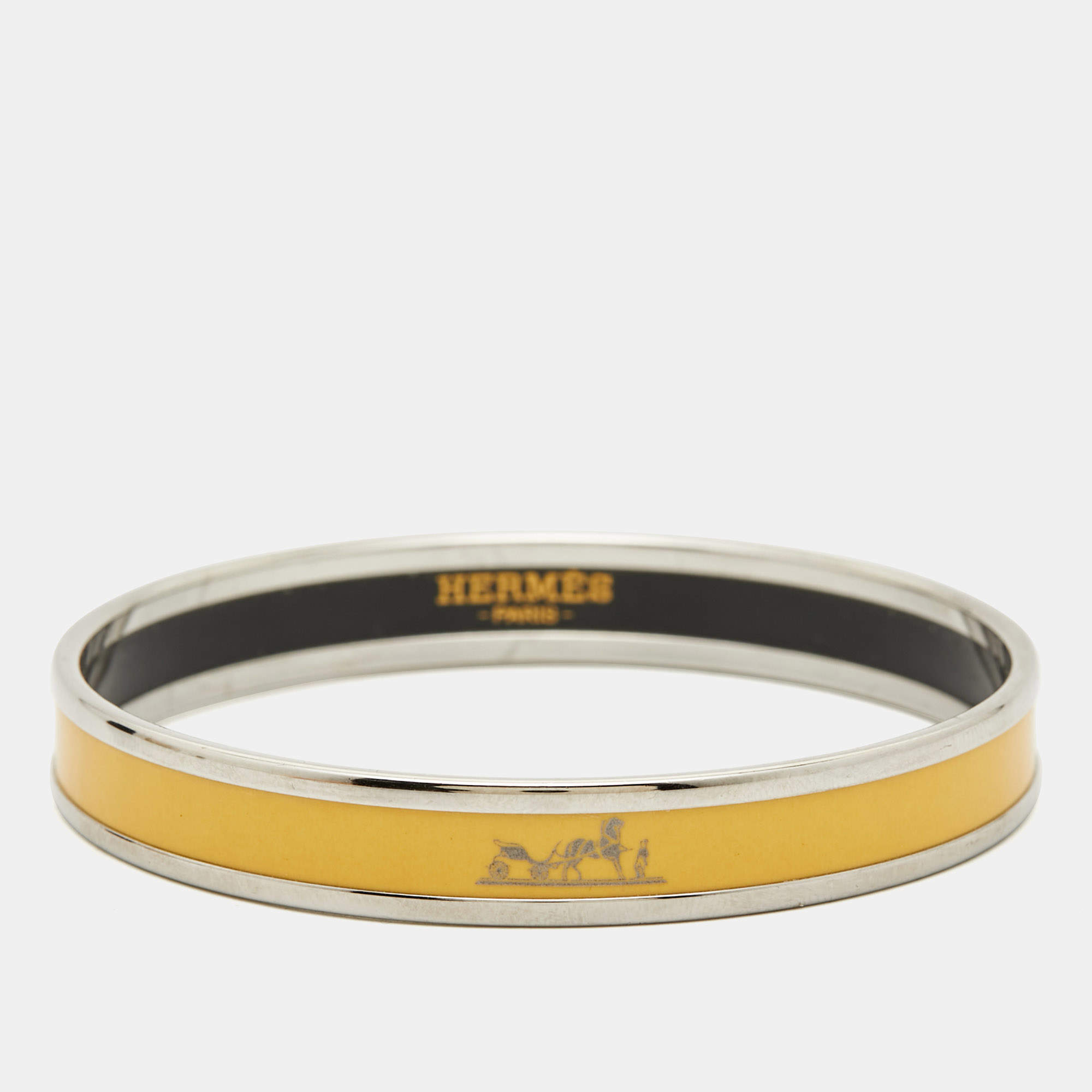 Hermes Caleche Enamel Palladium Plated Narrow Bangle Bracelet