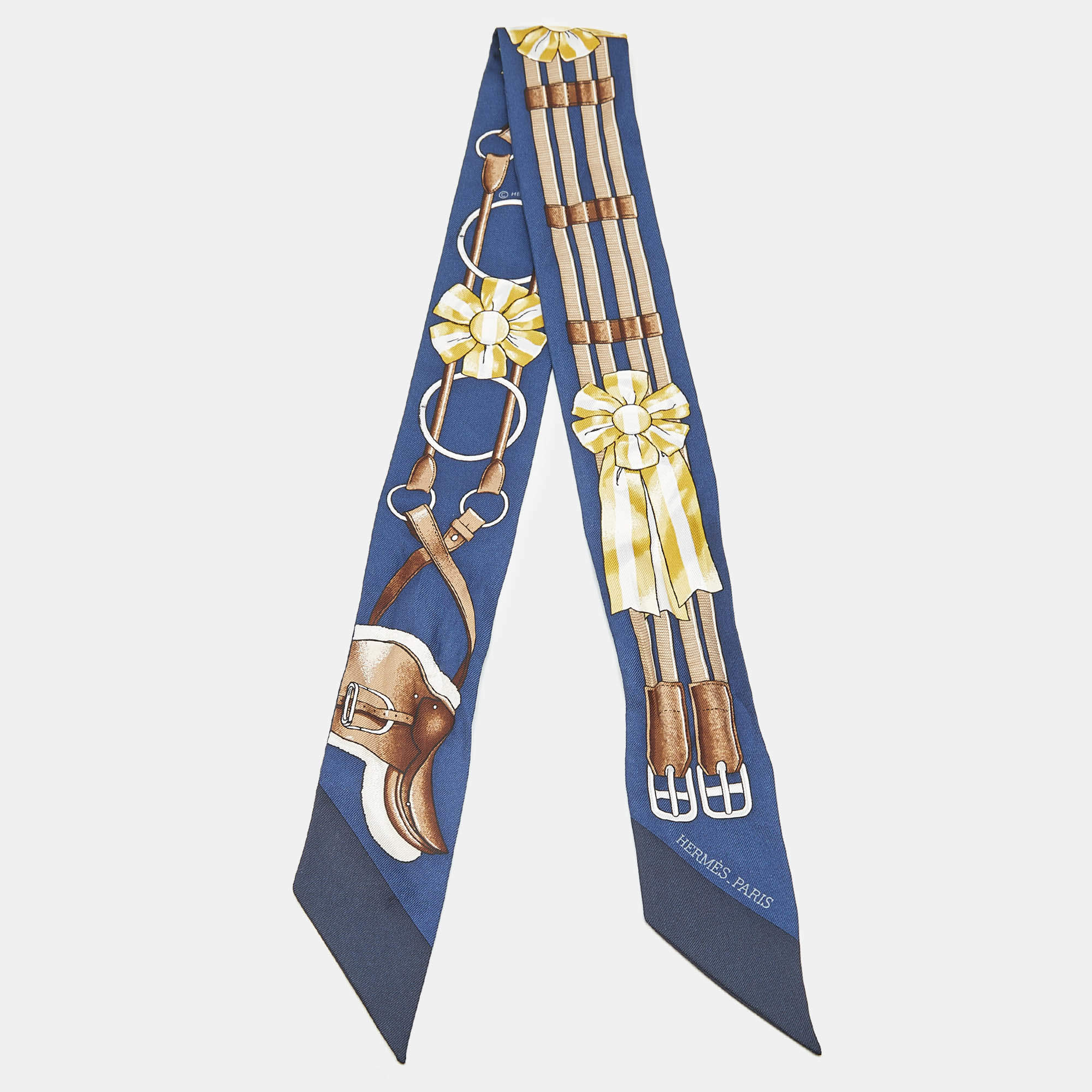 Pre Owned Hermes Marine Blue Printed Silk Jumping Twilly 