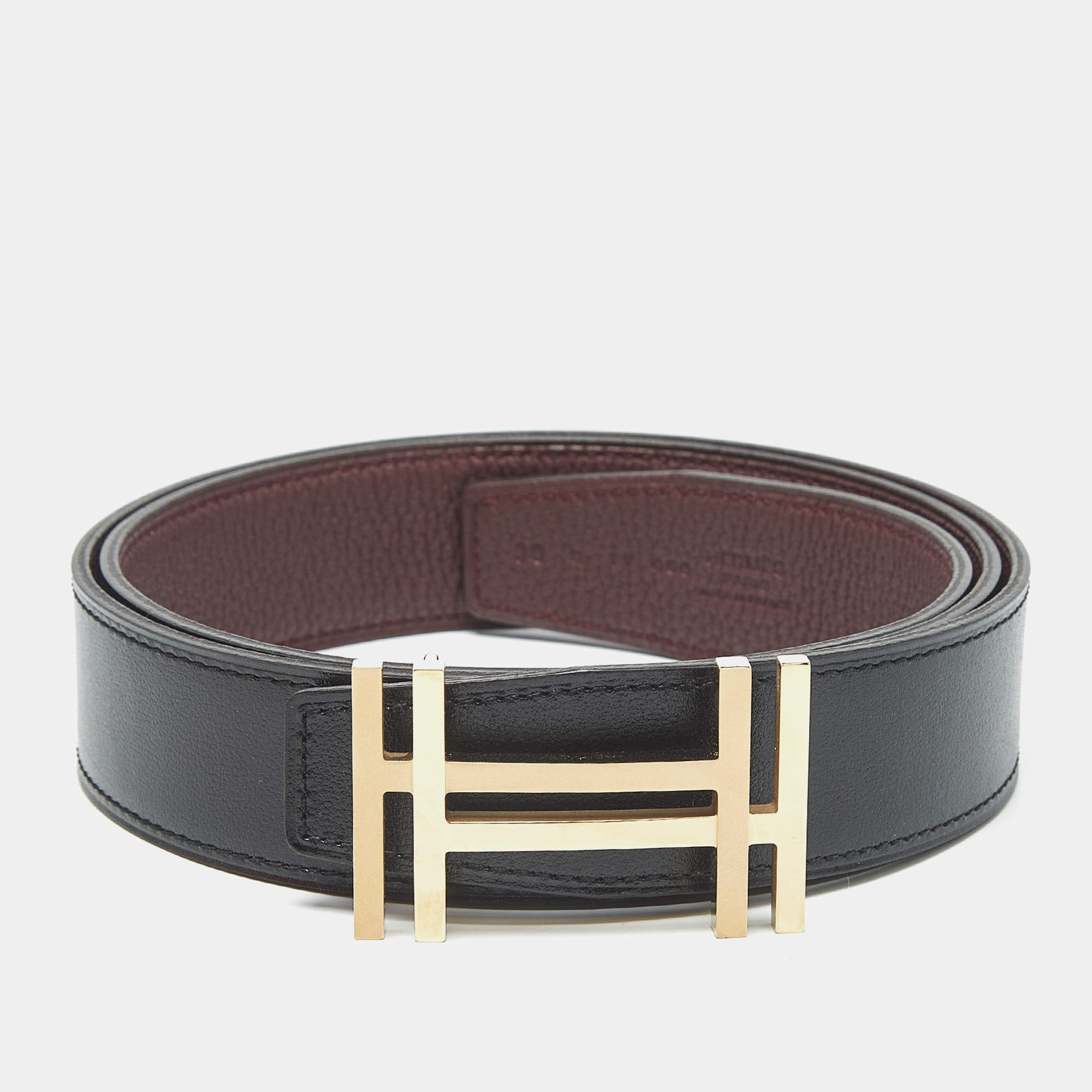 Pre Owned Hermes Noir/Bordeaux Box and Togo Leather H Au Carre Reversible Belt 90 CM