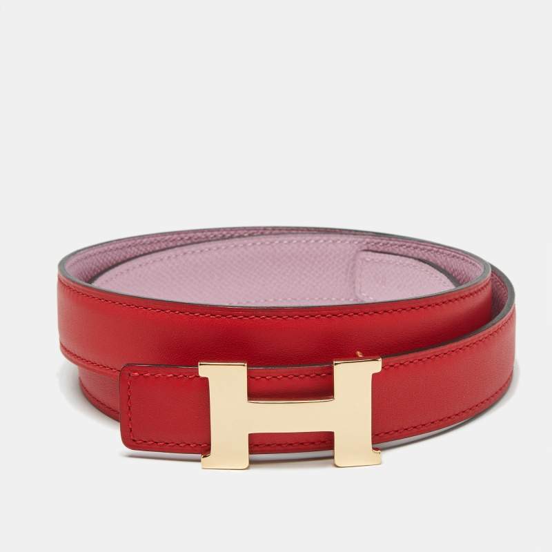 Pre Owned Hermes Rouge Coeur/Mauve Sylvestre Swift and Epsom Leather Constance Reversible Slim Belt 80 CM