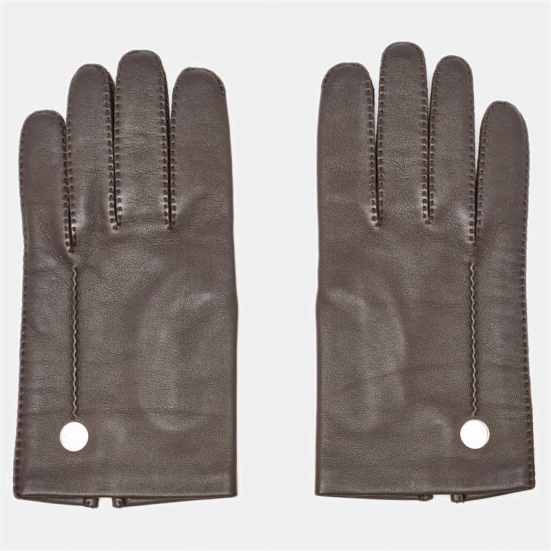 Pre Owned Hermes Dark Brown Leather Clou de Selle II Gloves Size 8