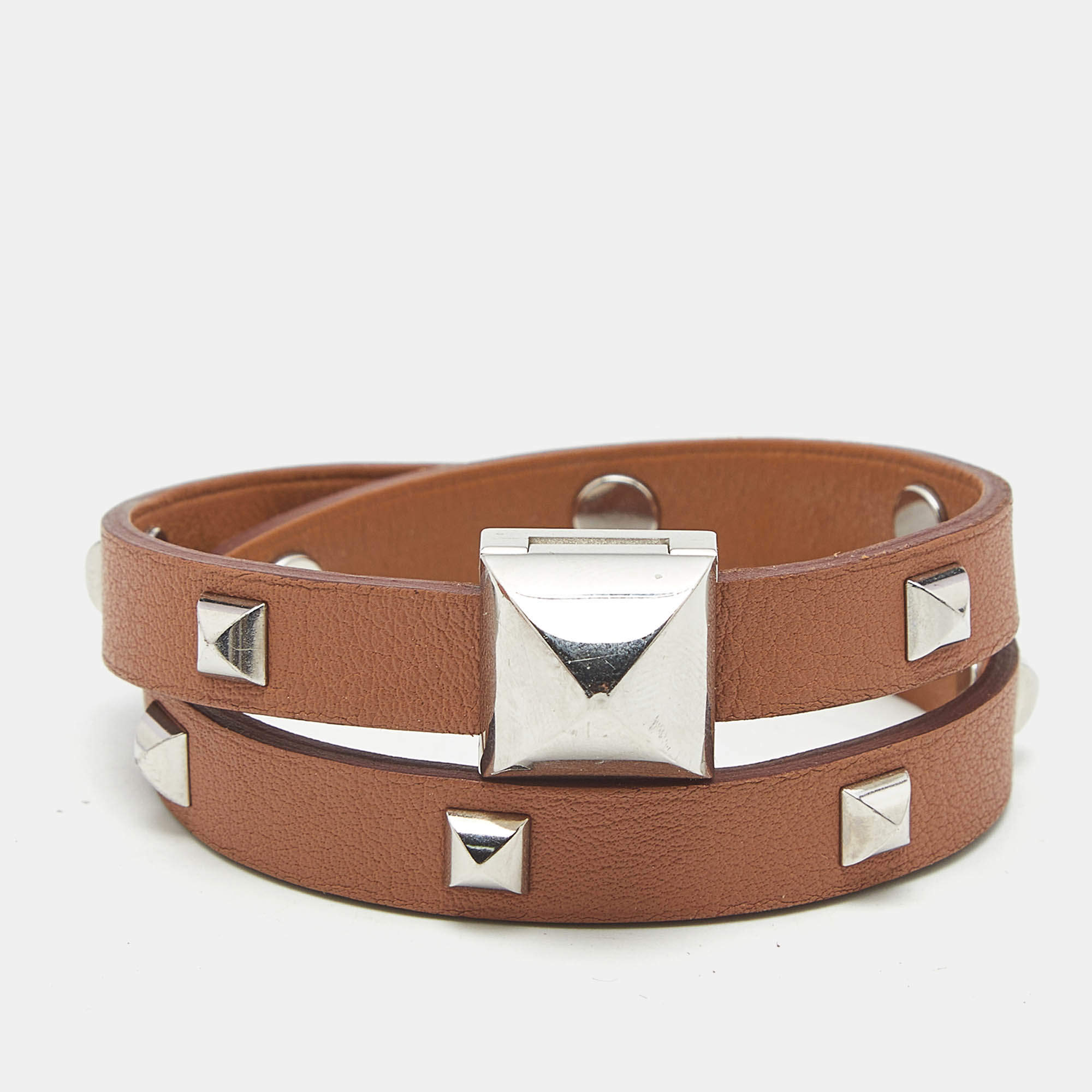 Pre Owned Hermès Medor Infini Brown Leather Silver Tone Wrap Bracelet