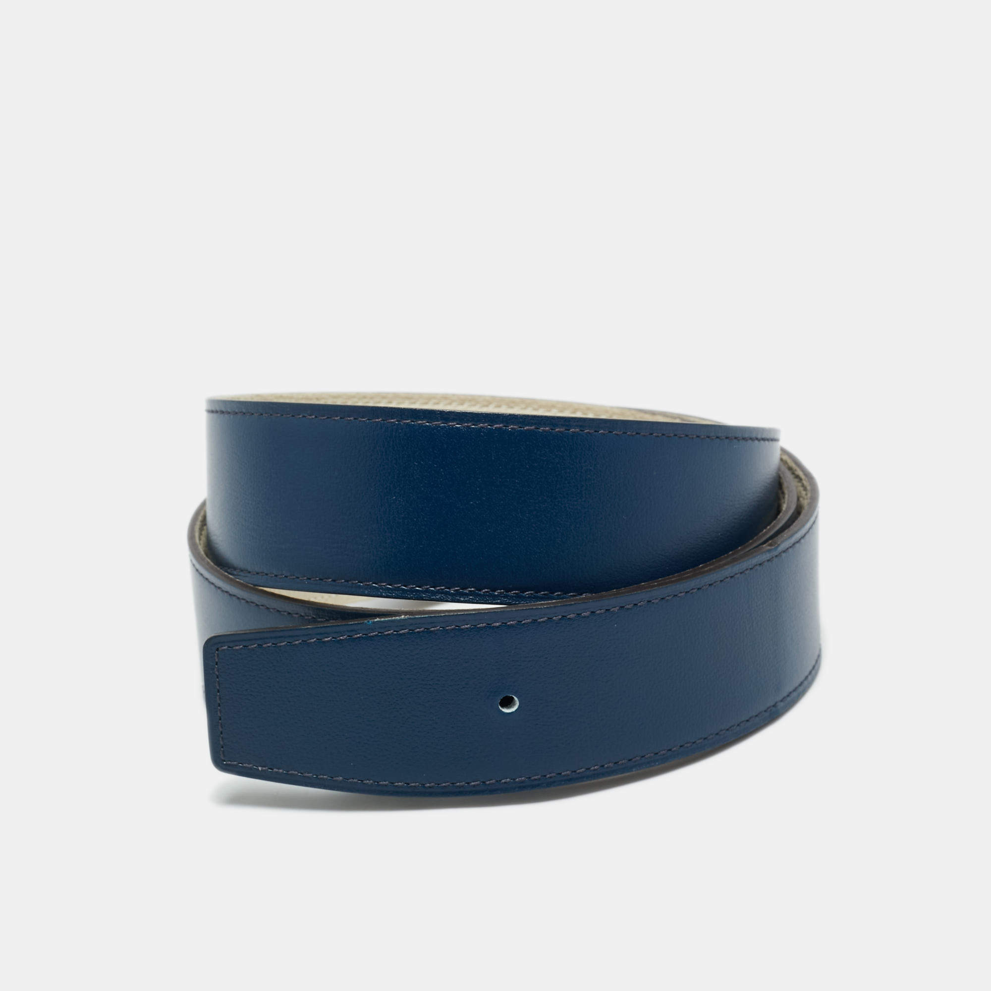 Pre Owned Hermes Bleu de Malte/Craie Box and Togo Leather Reversible Belt Strap 95 CM