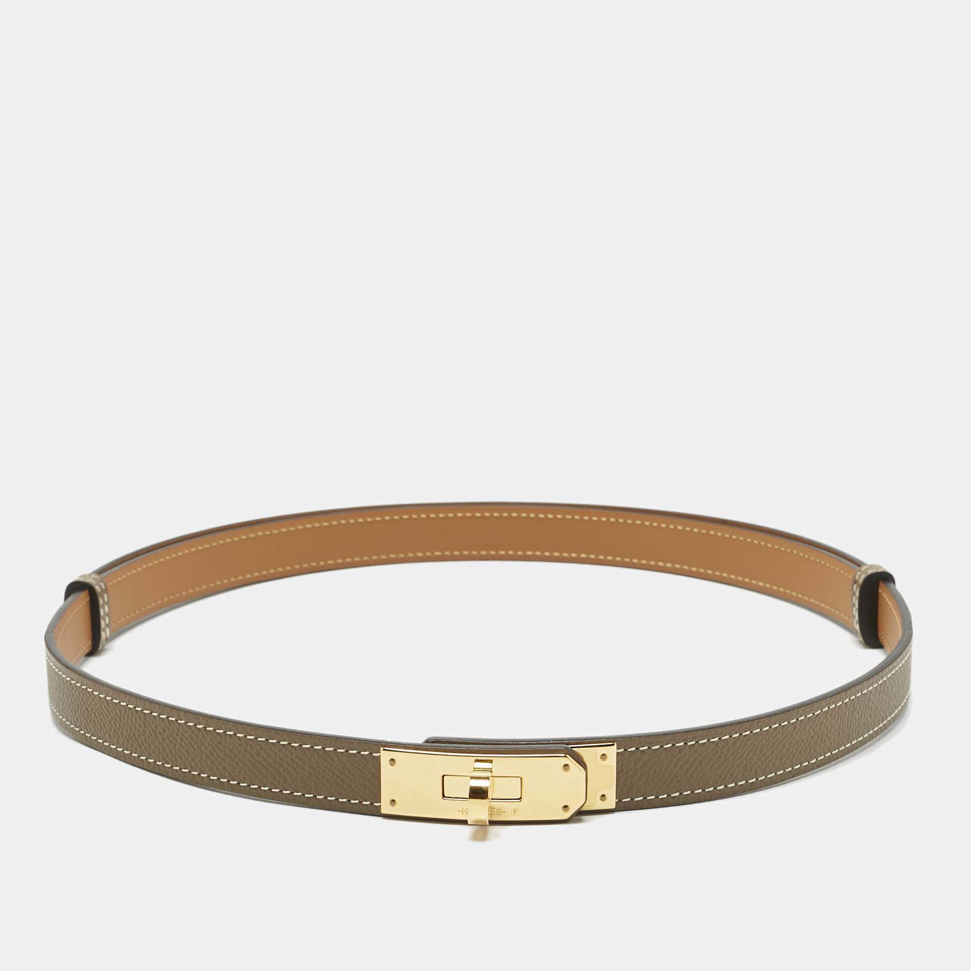 Pre Owned Hermes Etoupe Epsom Leather Gold Finish Kelly 18 Adjustable Belt