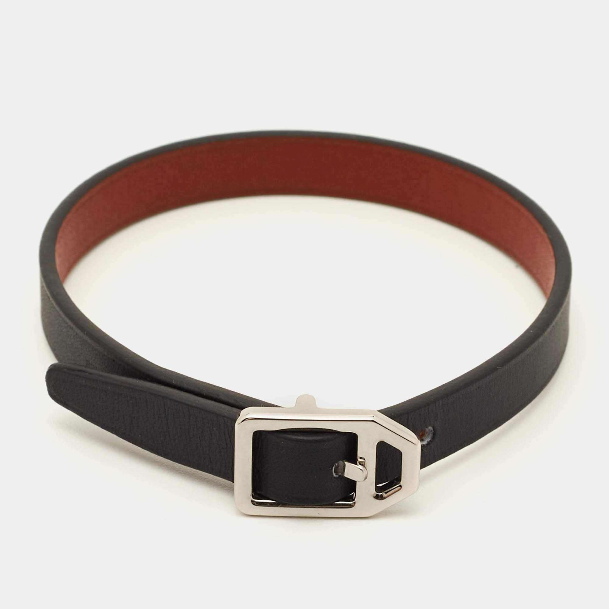 Pre Owned Hermes Paddock Leather Silver Tone Bracelet