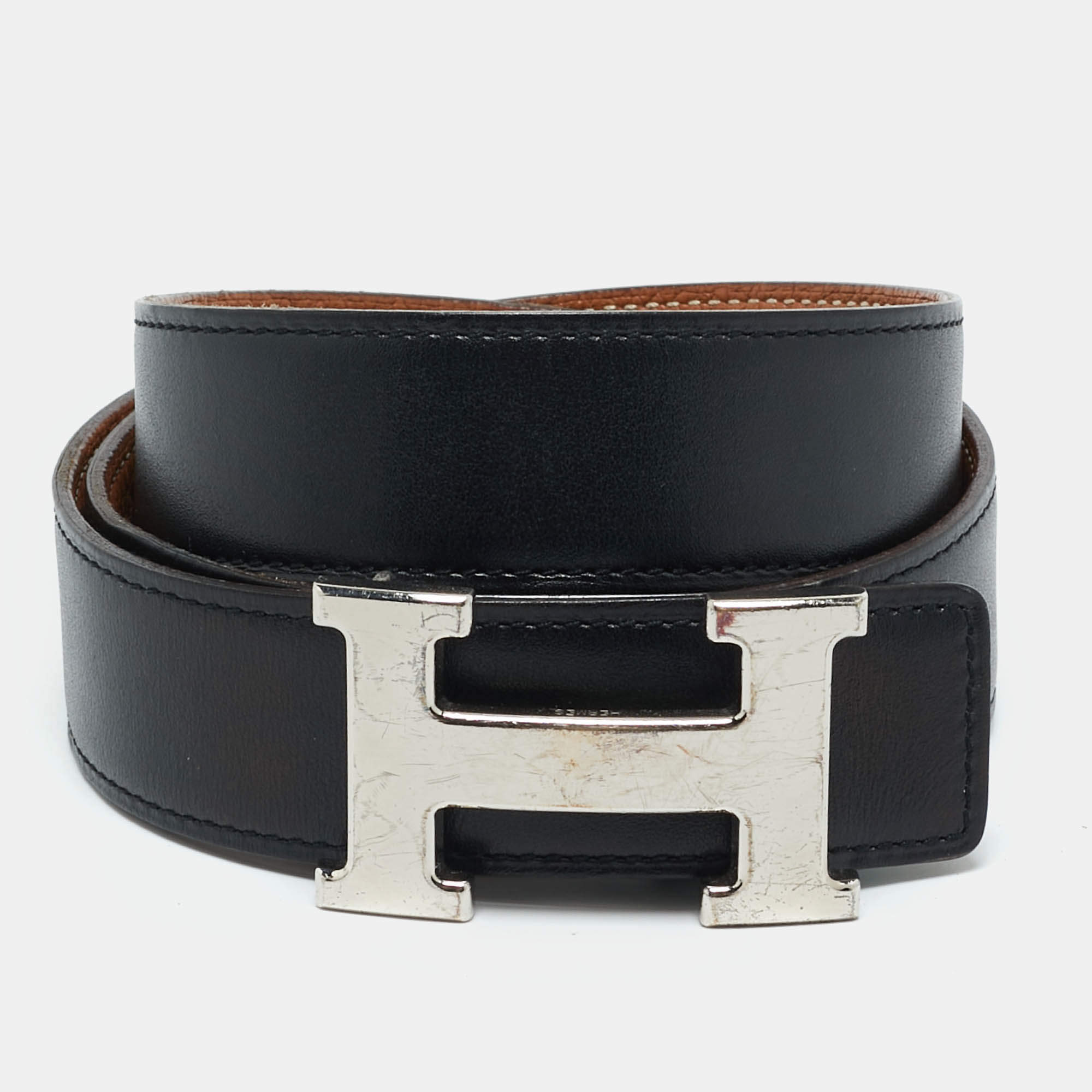 Pre Owned Hermès Noir/Gold Box and Togo Leather H Buckle Reversible Belt 85 CM