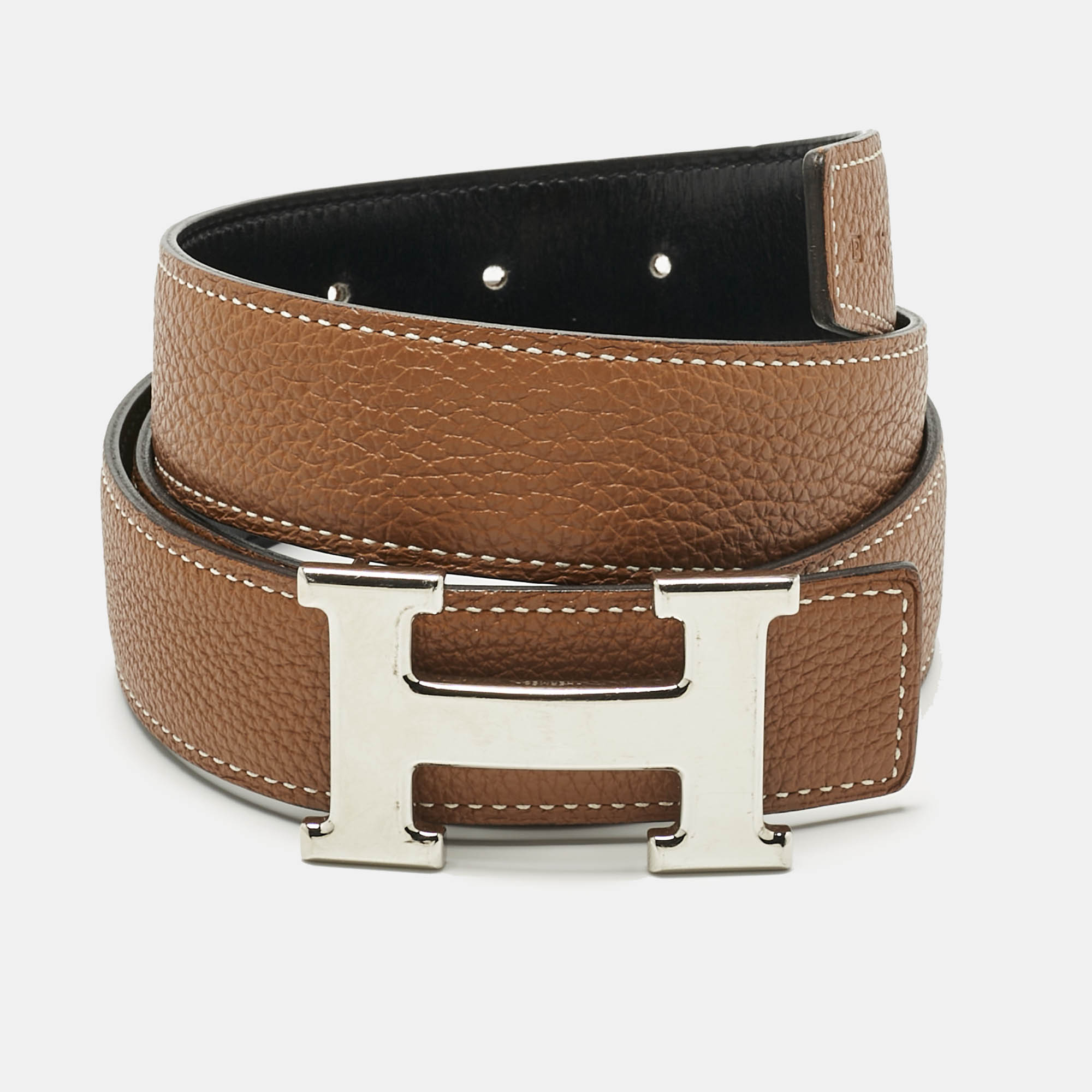 Pre Owned Hermes Gold/Noir Togo and Box Leather H Buckle Reversible Belt 85 CM