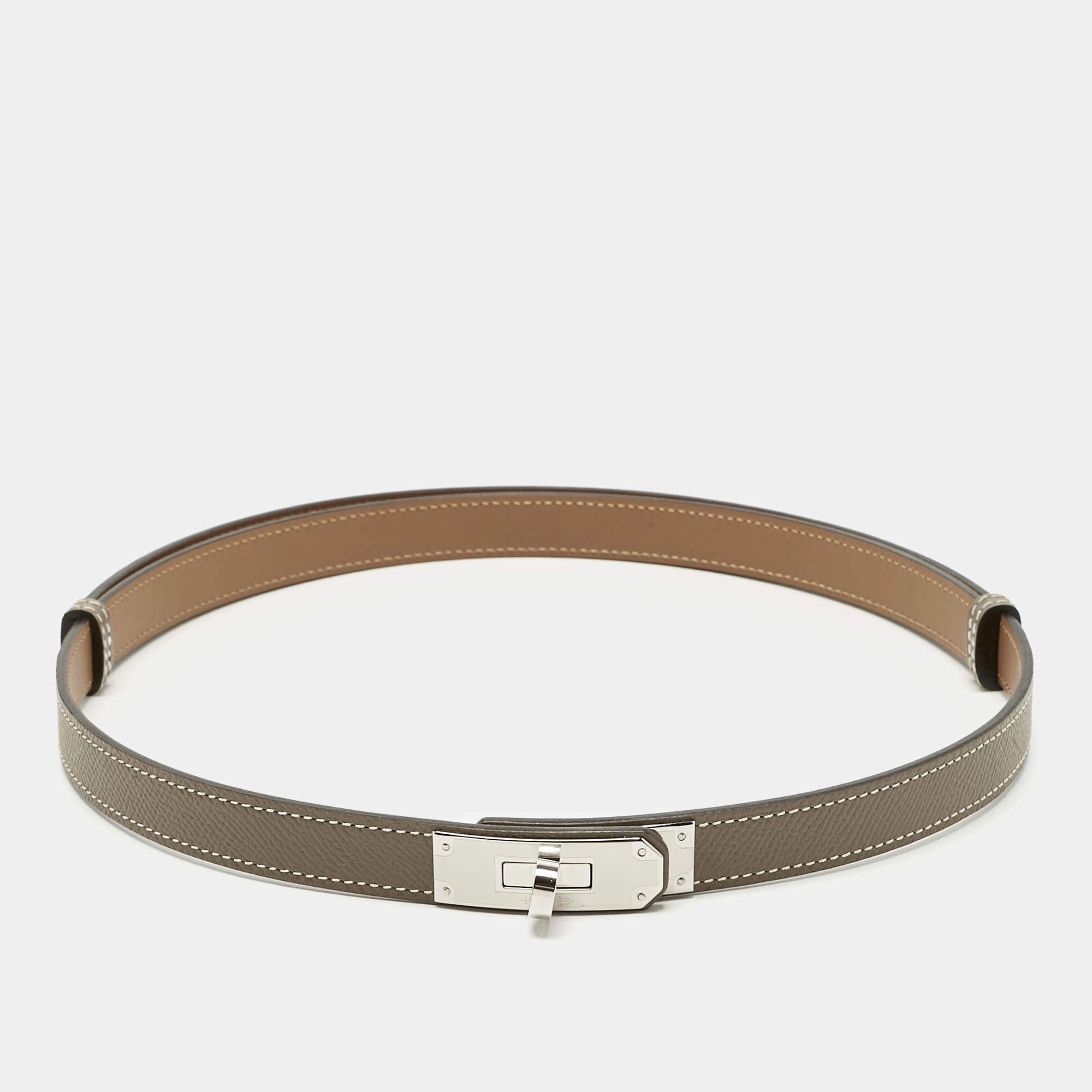 Pre Owned Hermes Etoupe Epsom Leather Palladium Finish Kelly 18 Adjustable Belt