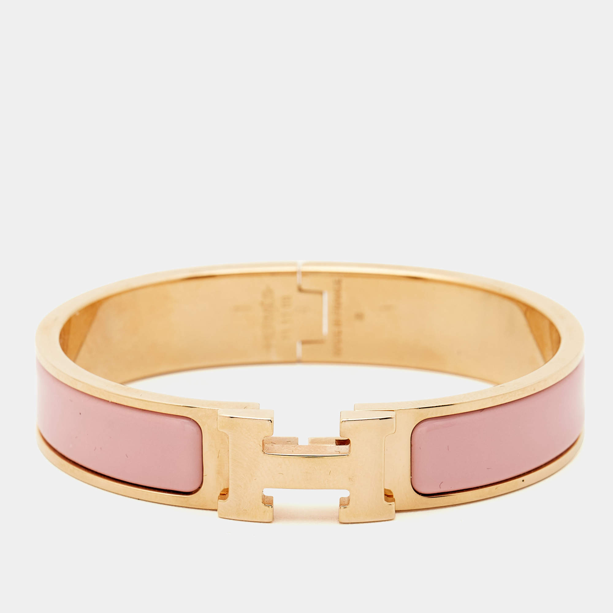 Pre Owned Hermes  Clic H Pink Enamel Rose Gold Tone Bracelet