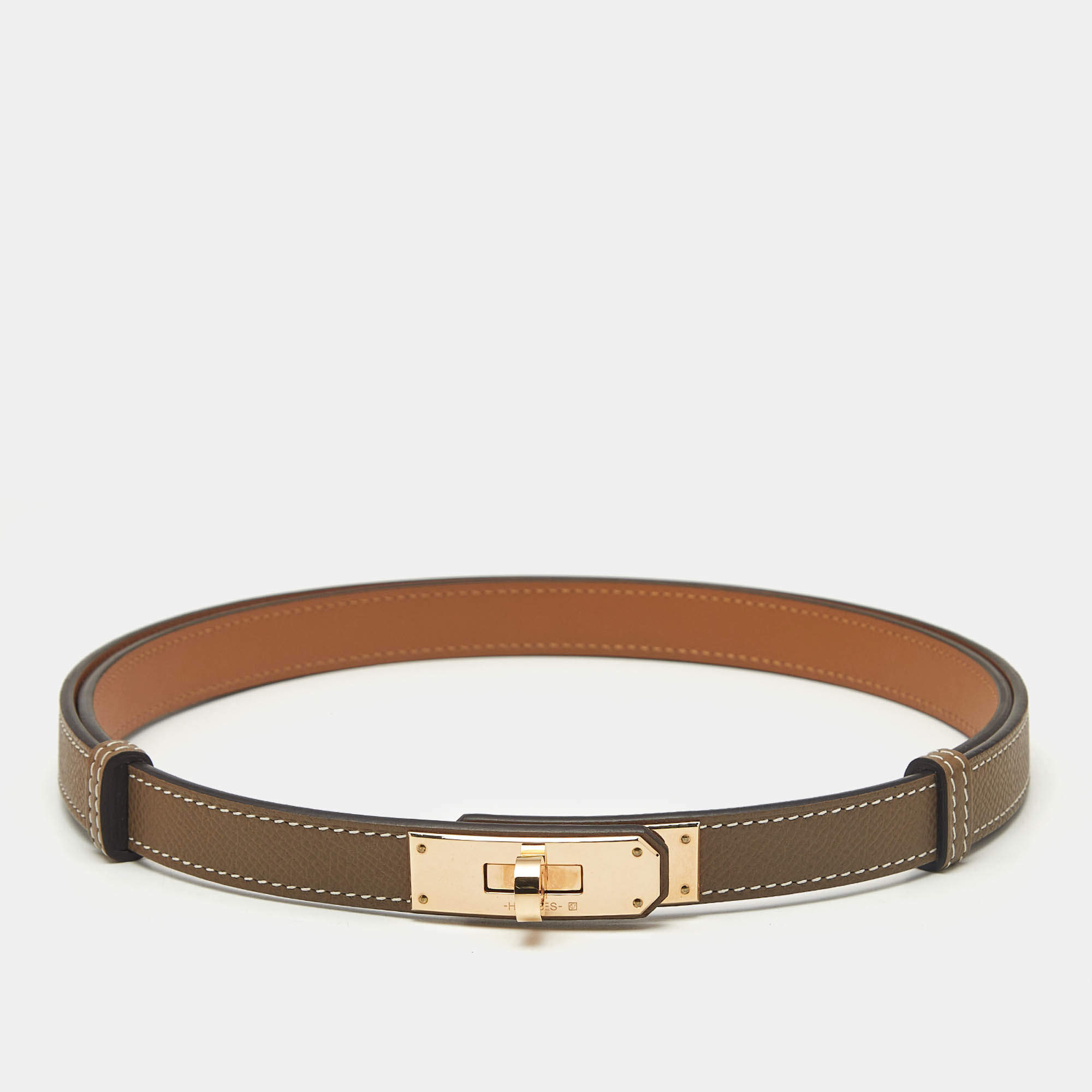 Pre Owned Hermès Etoupe Epsom Leather Rose Gold Finish Kelly 18 Adjustable Belt