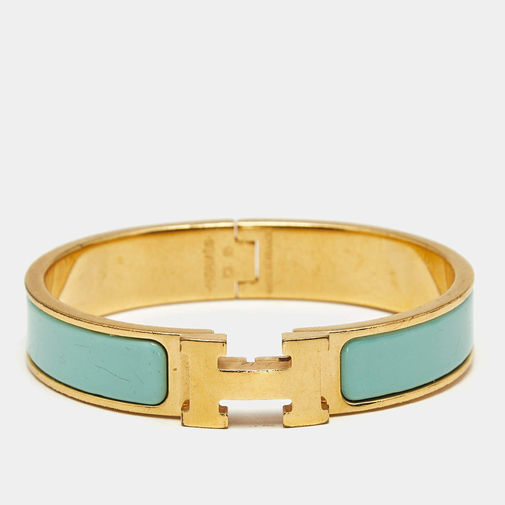 Pre Owned Hermès Clic H Turquoise Enamel Gold Plated Bracelet