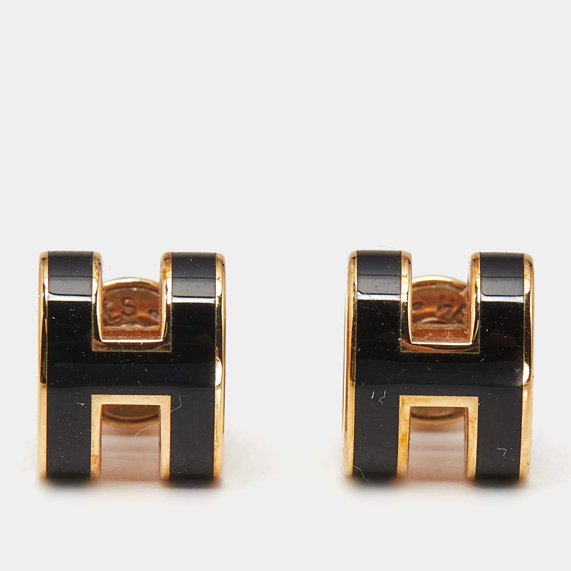 Pre Owned Hermes Mini Pop H Black Lacquered Gold Plated Stud Earring