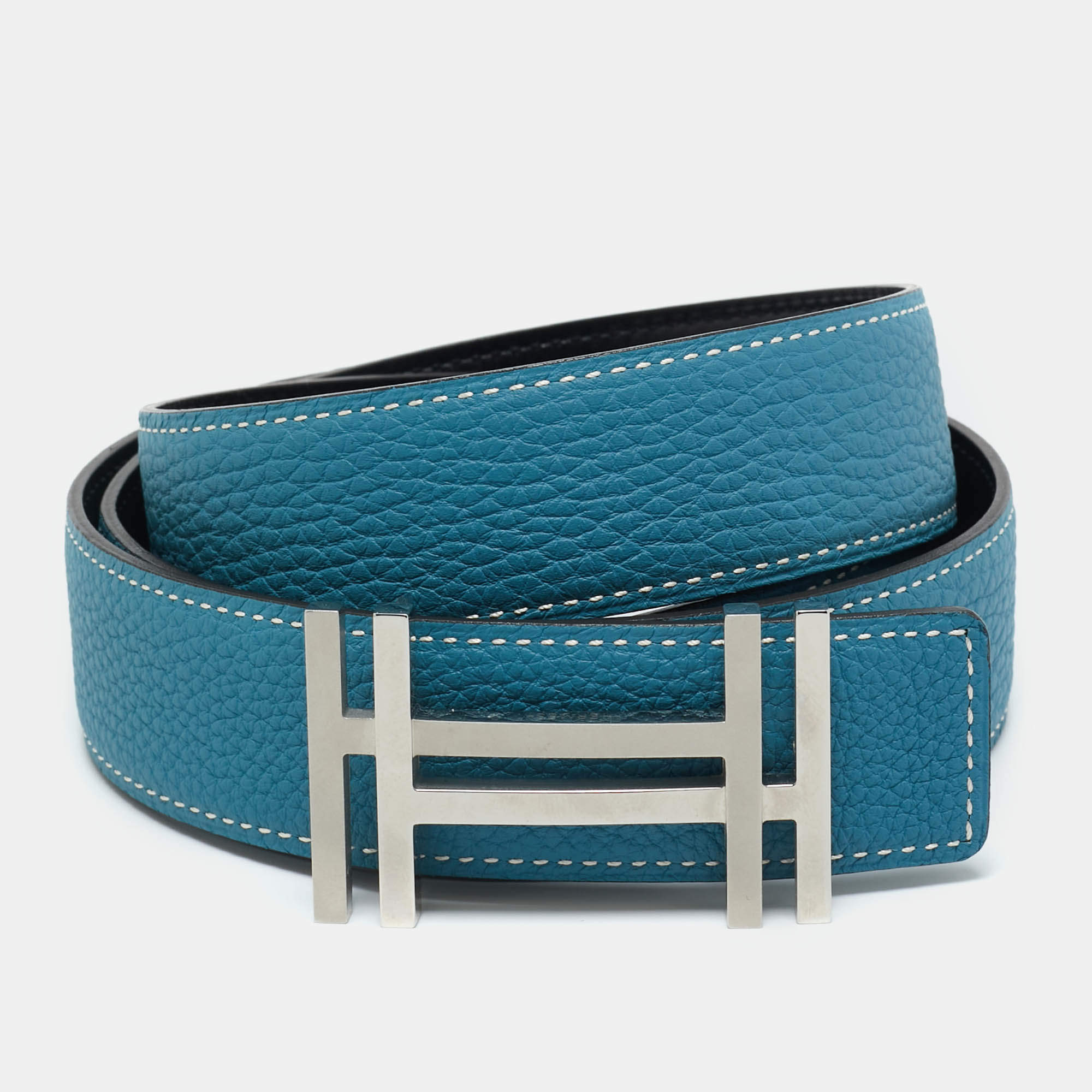 Pre Owned Hermès Blue Jean/Black Clemence and Box Leather Double H Reversible Belt 95CM