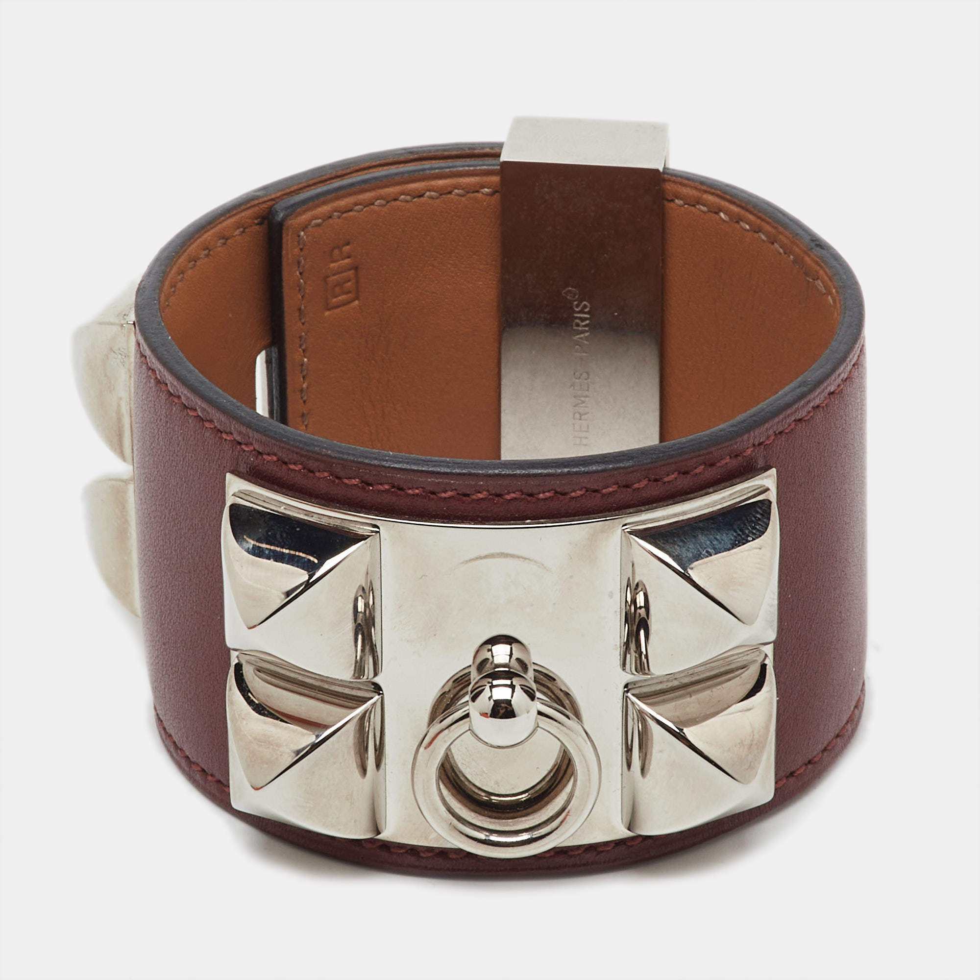 Pre Owned Hermes Collier De Chien Burgundy Leather Palladium Plated Metal Bracelet S