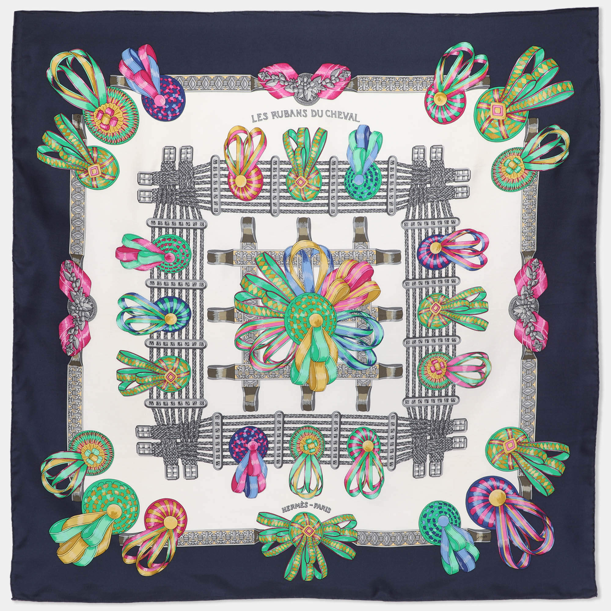 Pre Owned Hermès Multicolor Print Silk Les Rubans Du Cheval Scarf