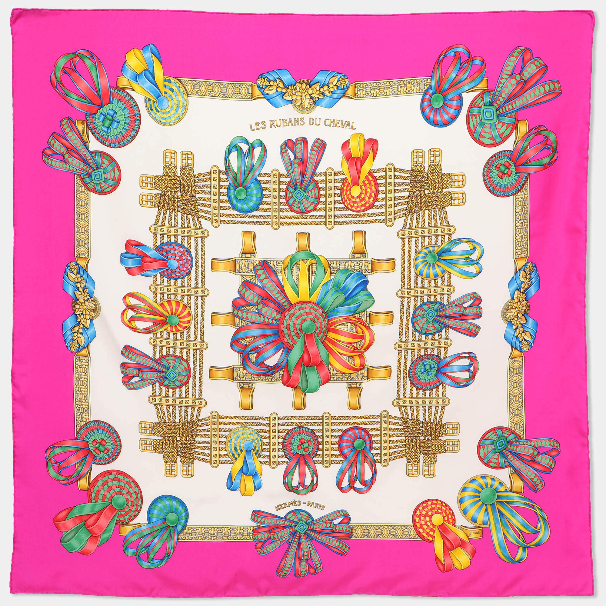 Pre Owned Hermes Pink Multicolor Printed Silk Les Rubans Du Cheval Scarf 