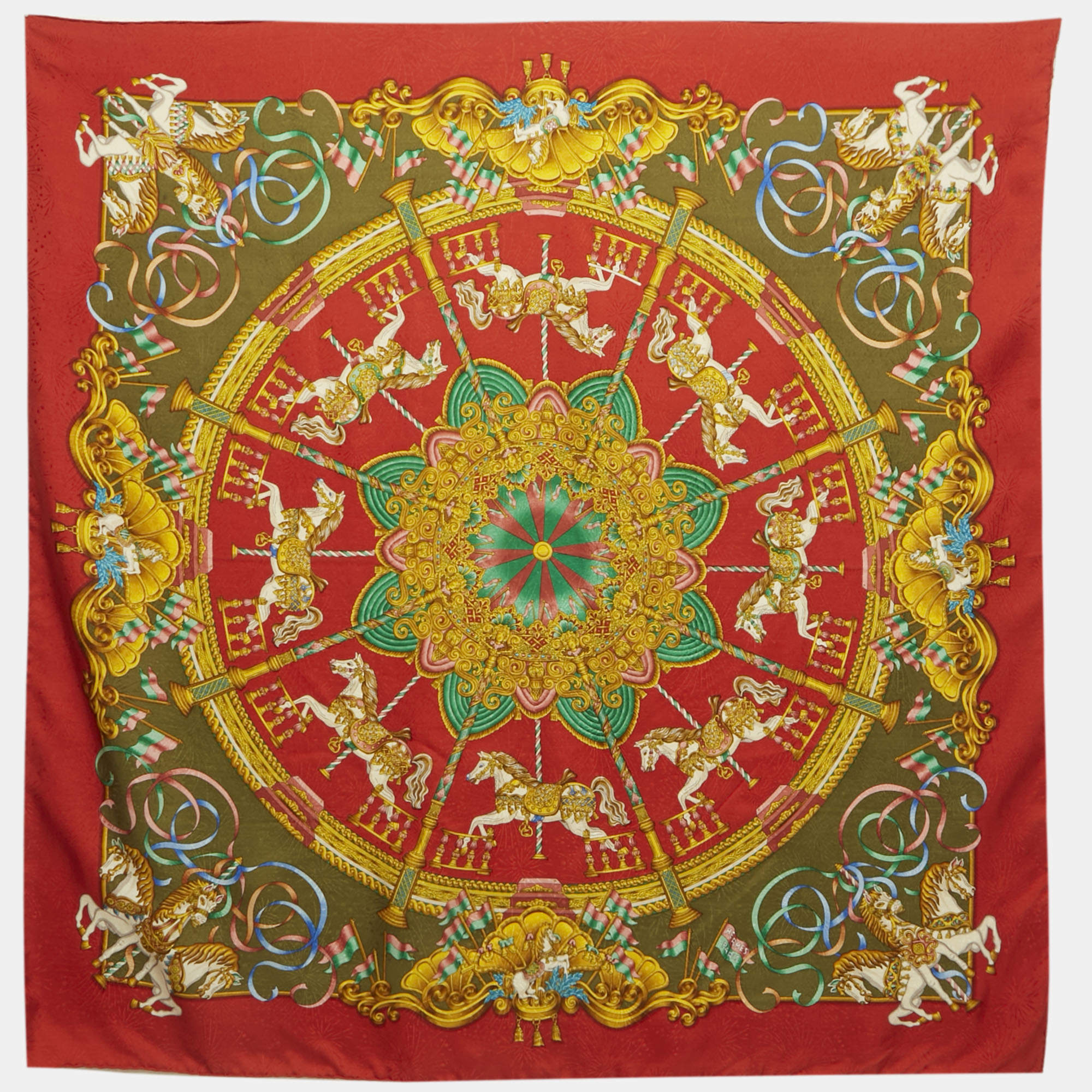 Pre Owned Hermès Vintage Red Printed Silk Luna Park Scarf