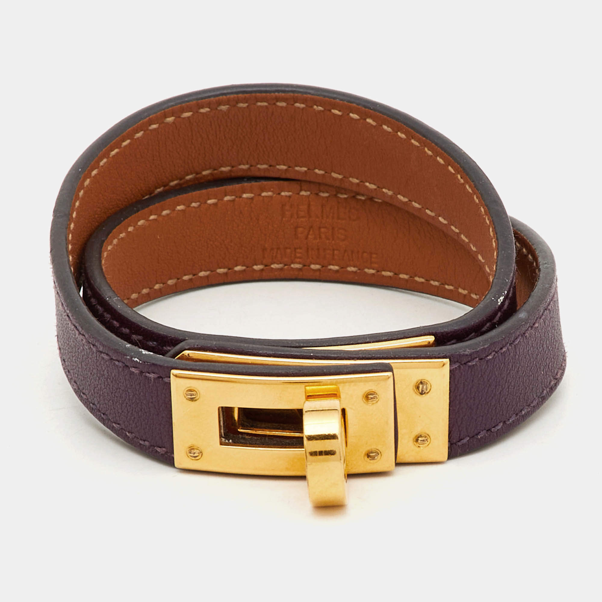 Pre Owned Hermès Kelly Leather Gold Plated Double Tour Bracelet M