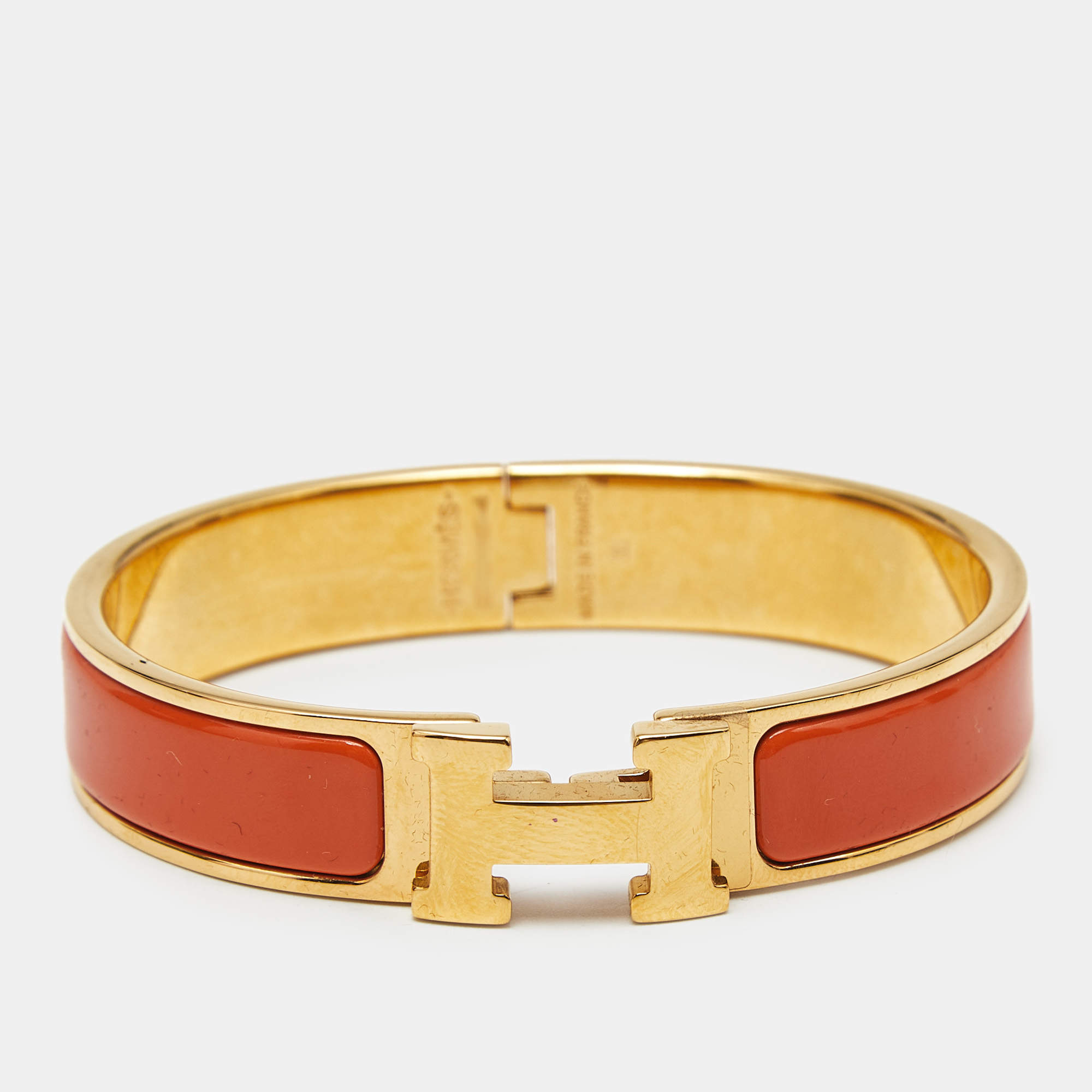 Pre Owned Hermès Clic H Orange Enamel Gold Plated Bracelet