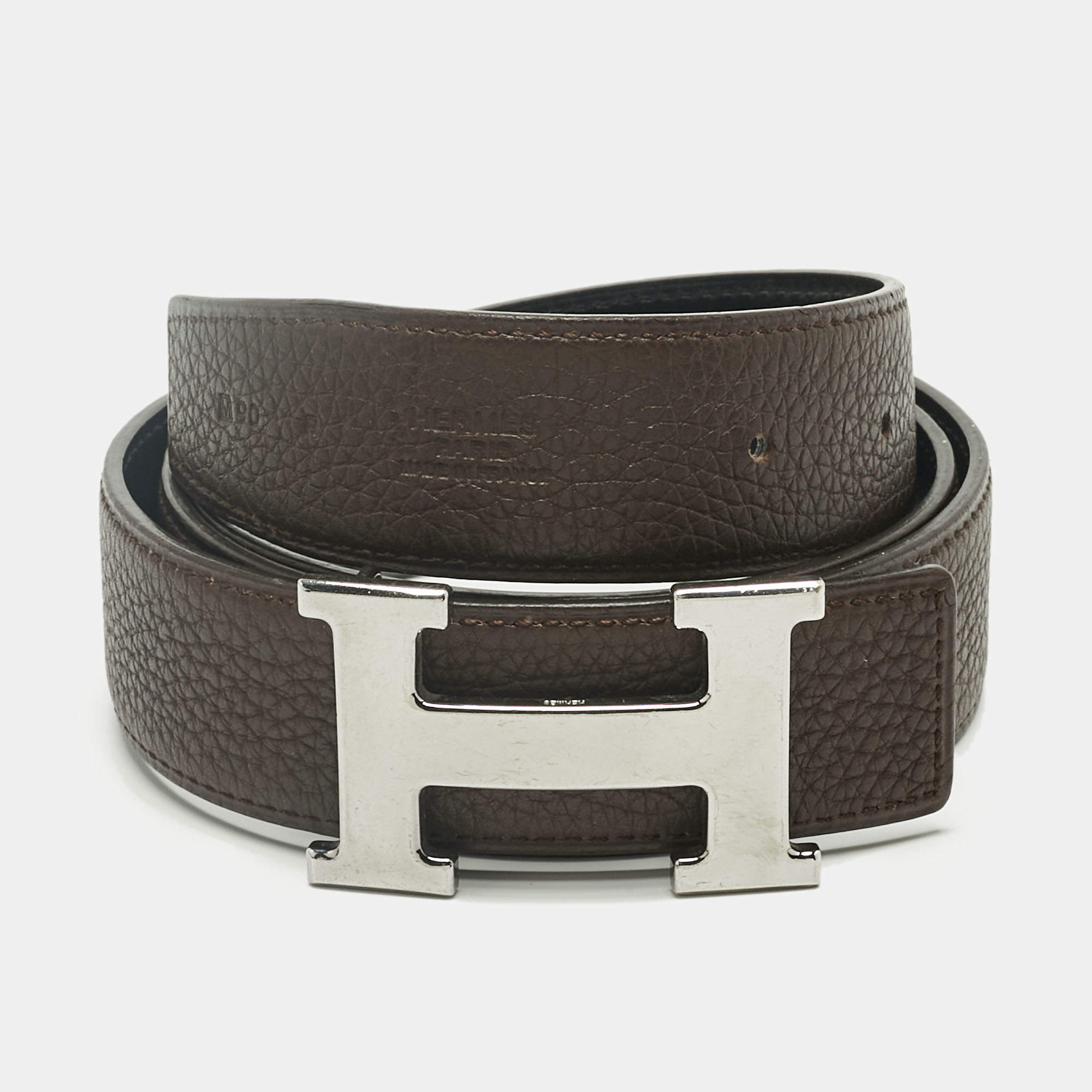 Pre Owned Hermès Chocolat/Black Clemence and Box Leather H Buckle Belt 90CM