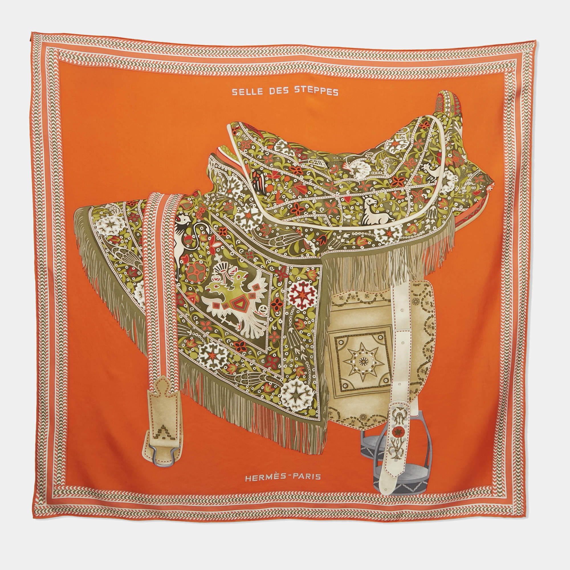 Pre Owned Hermès Orange Silk Selle Des Steppes Scarf