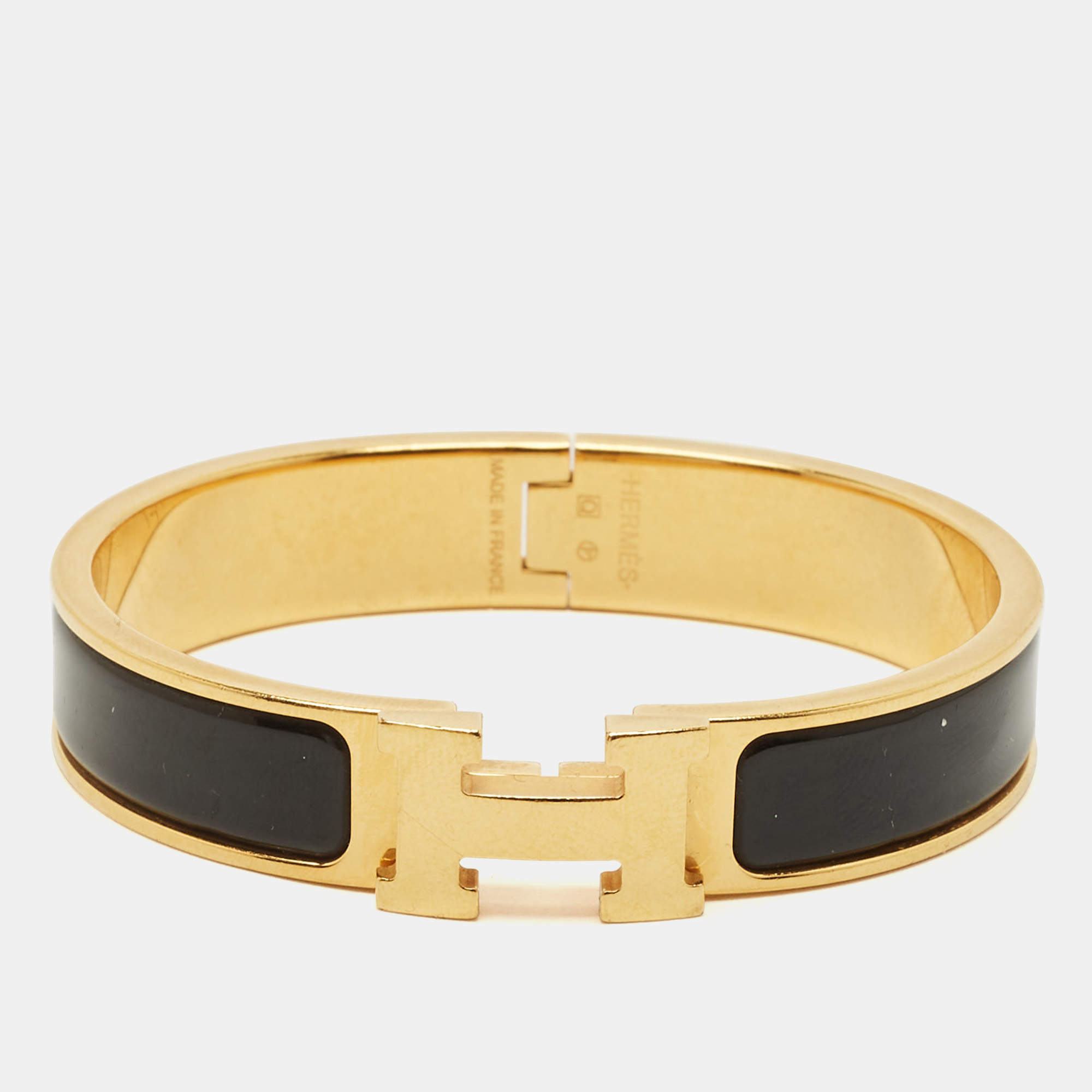 Pre Owned Hermes Clic H Black Enamel Gold Plated Bracelet