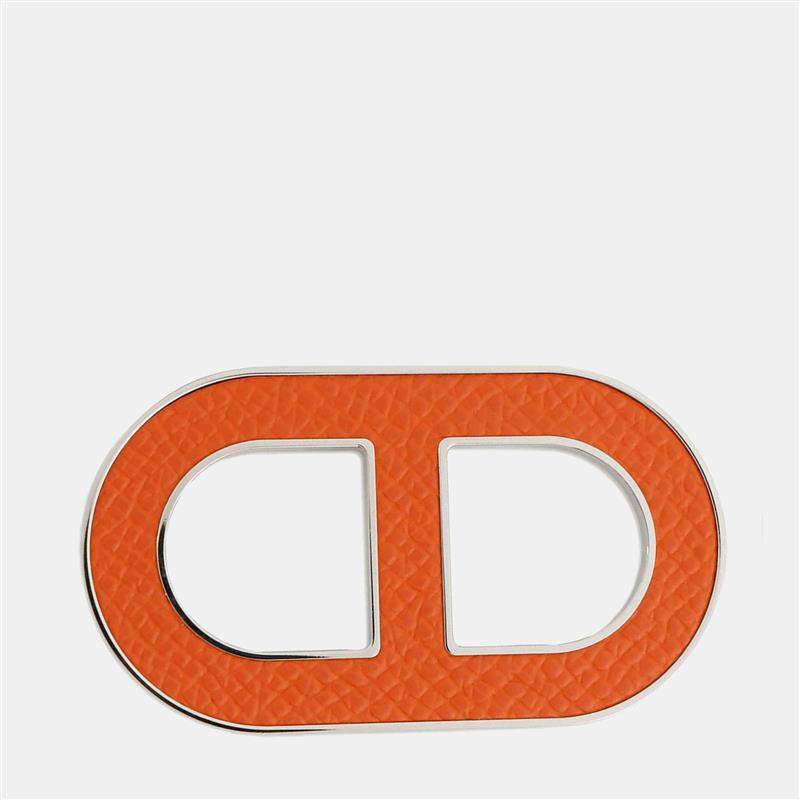 Pre Owned Hermes Chaine D'Ancre Brooch Orange Minyan Epsom Metal