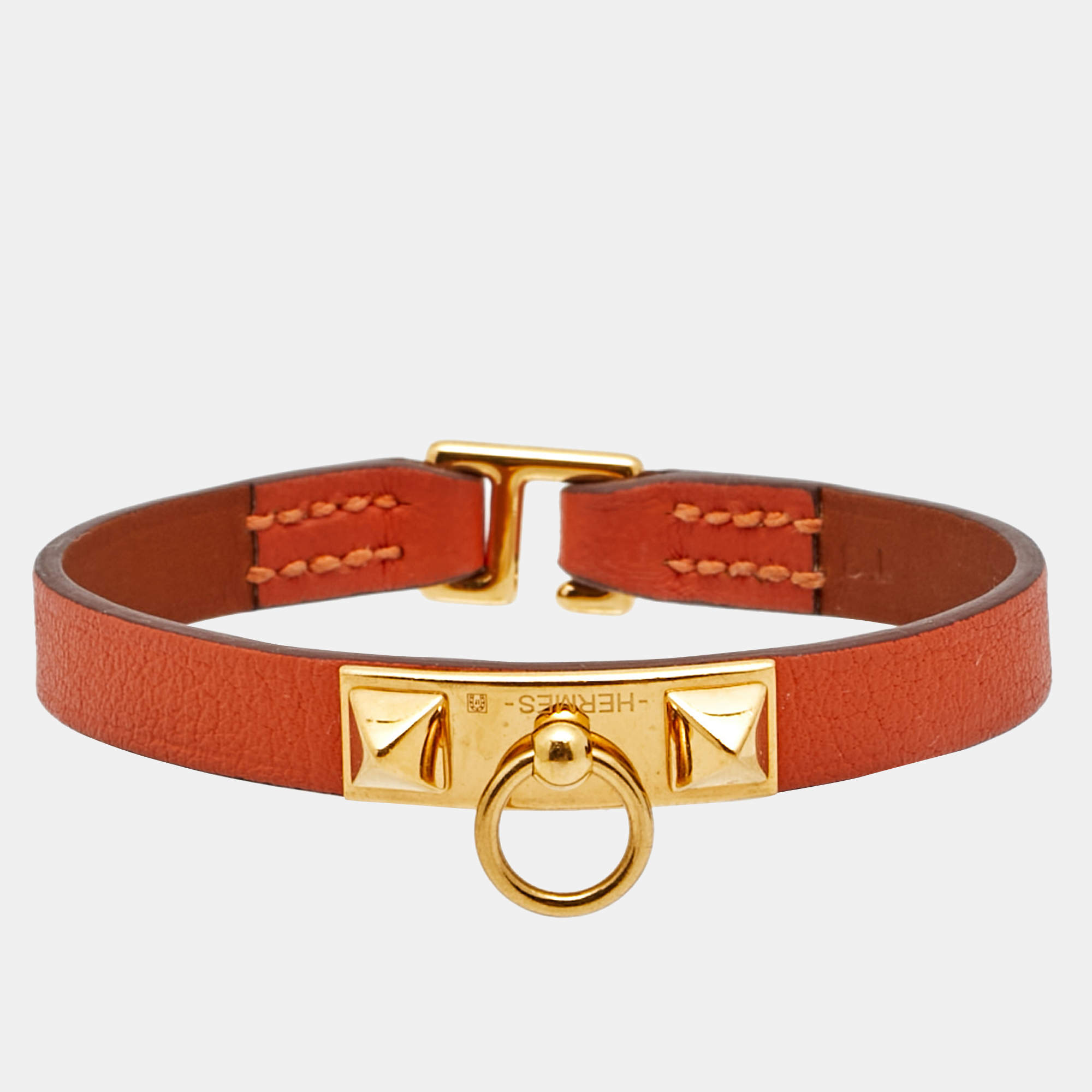 Pre Owned Hermes Rivale Leather Gold Plated Bracelet 