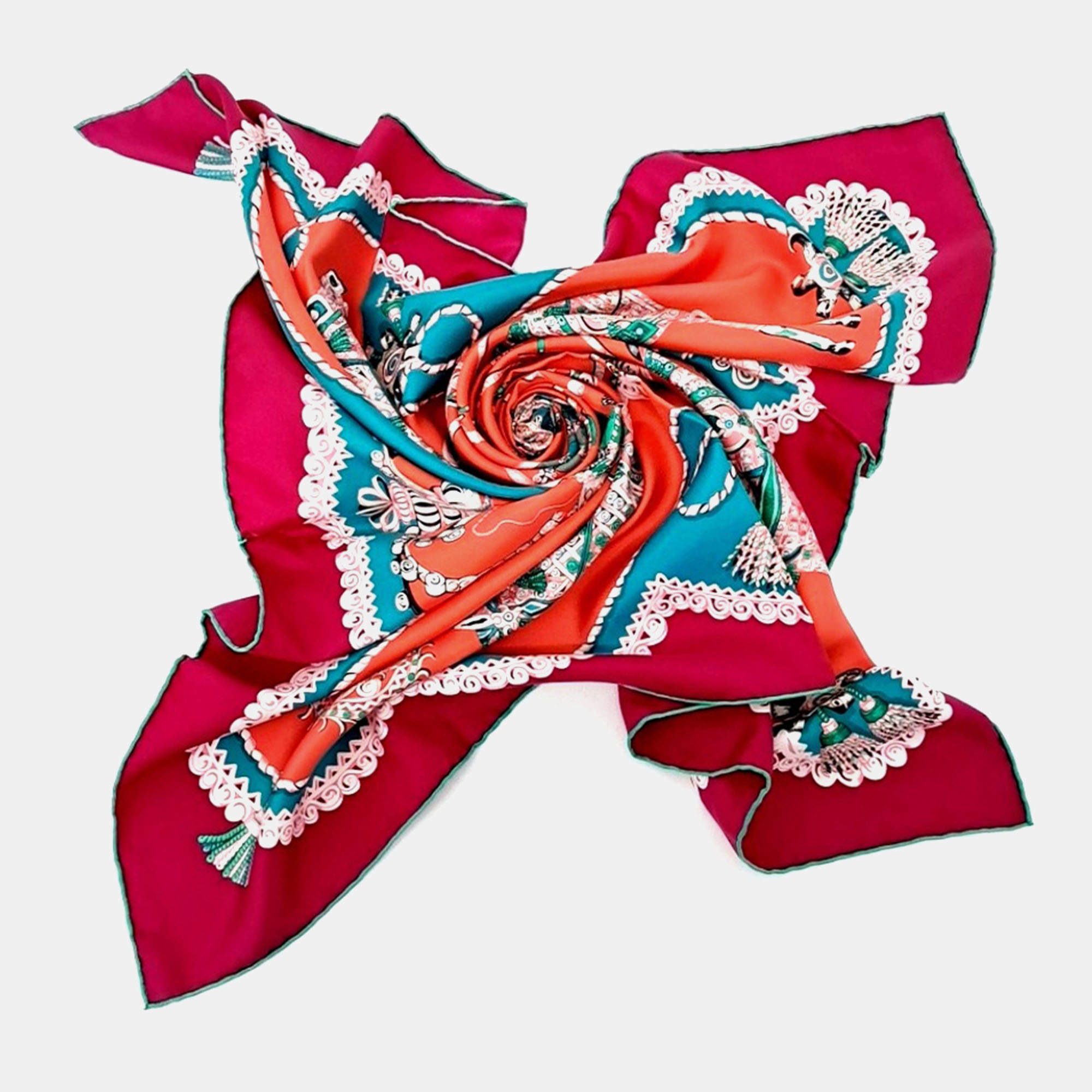 Pre Owned Hermes Red Multicolor Silk Scarf