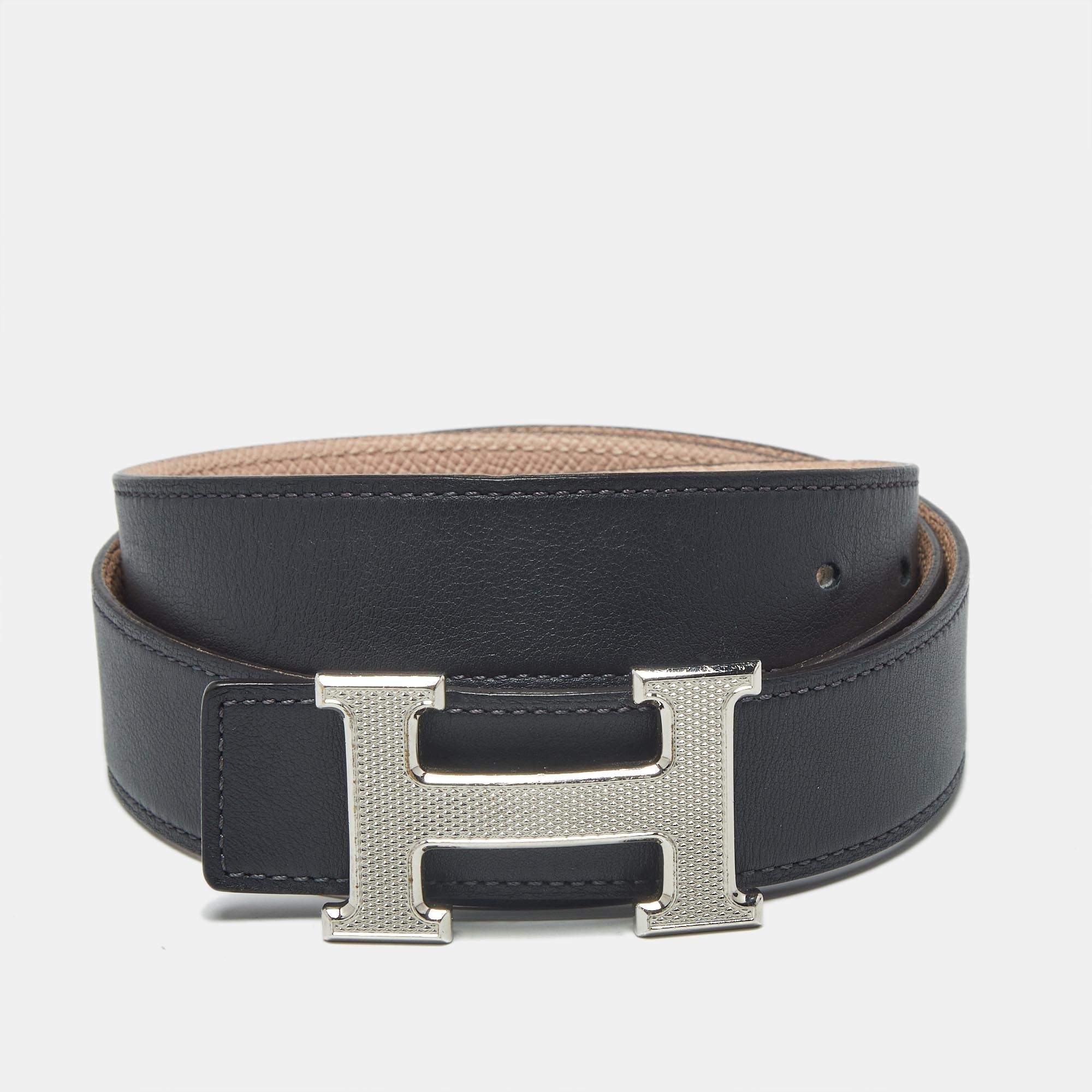 مملوكة مسبقًا Hermes H Guilloche Buckle Belt 90CM Rose Sakura/Blue Nuit Epsom and Swift Leather