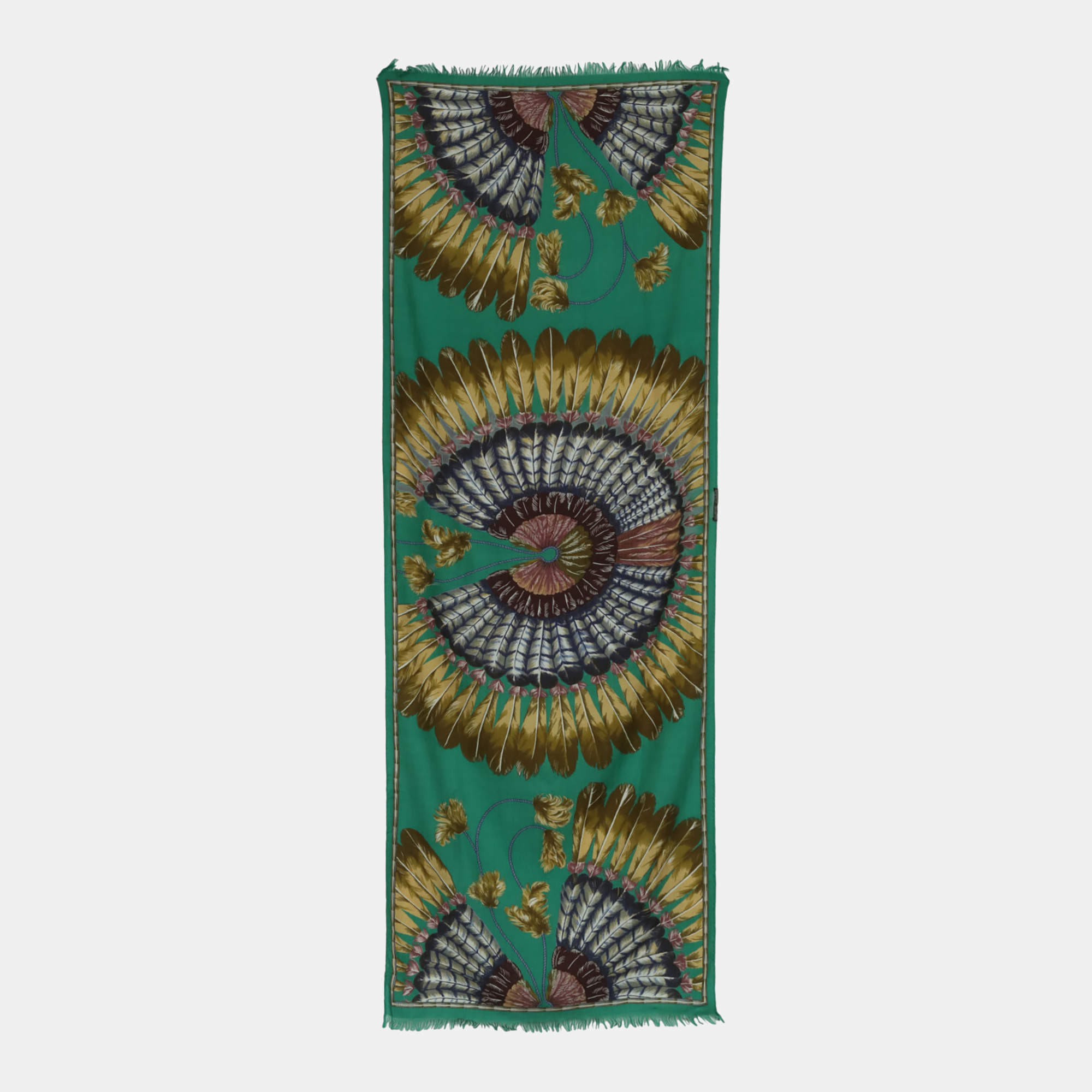 مملوكة مسبقًا وشاح هيرمس حرير بني/أخضر بأهداب