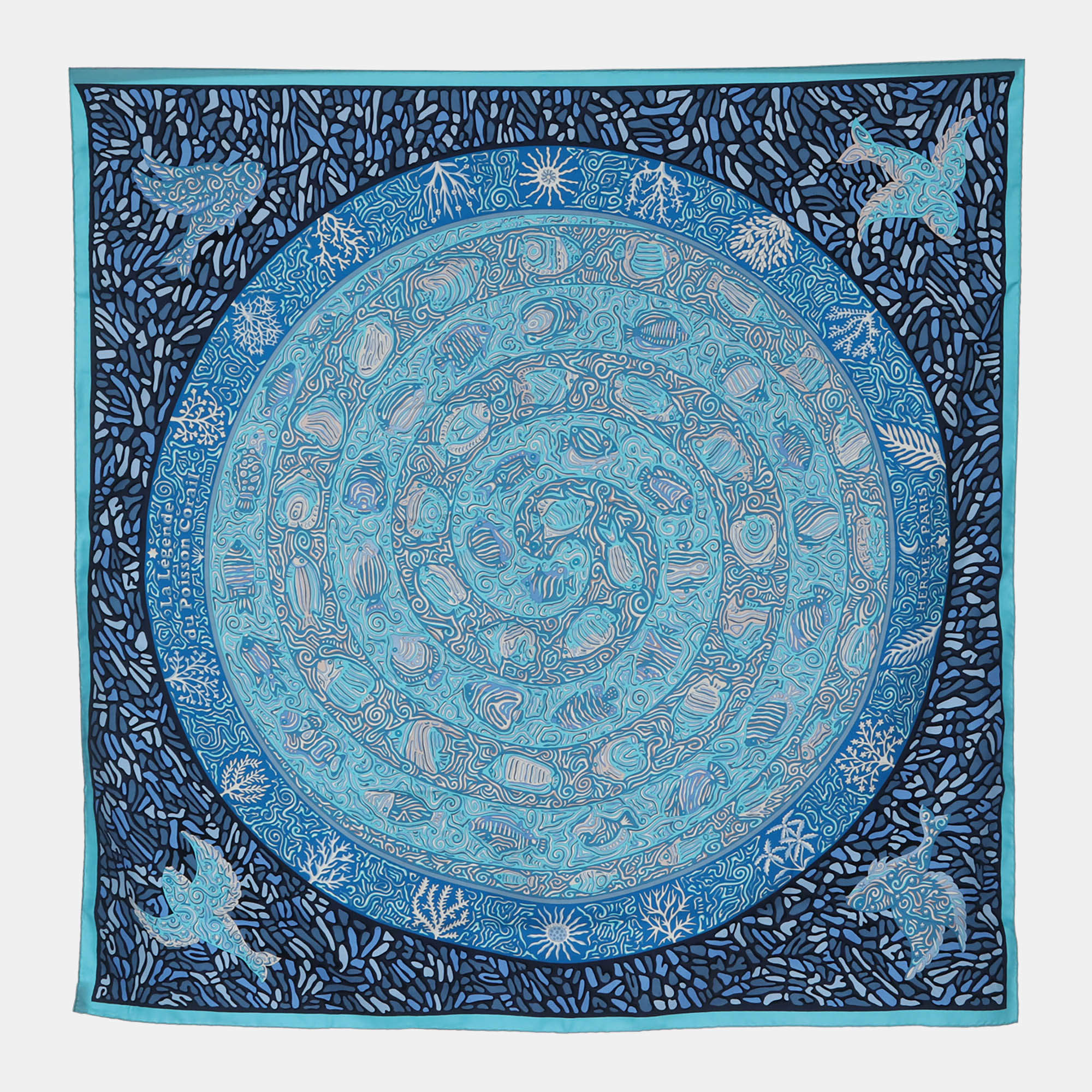 مملوكة مسبقًا Hermes La Legende Du Poisson Corail Blue Silk Scarf