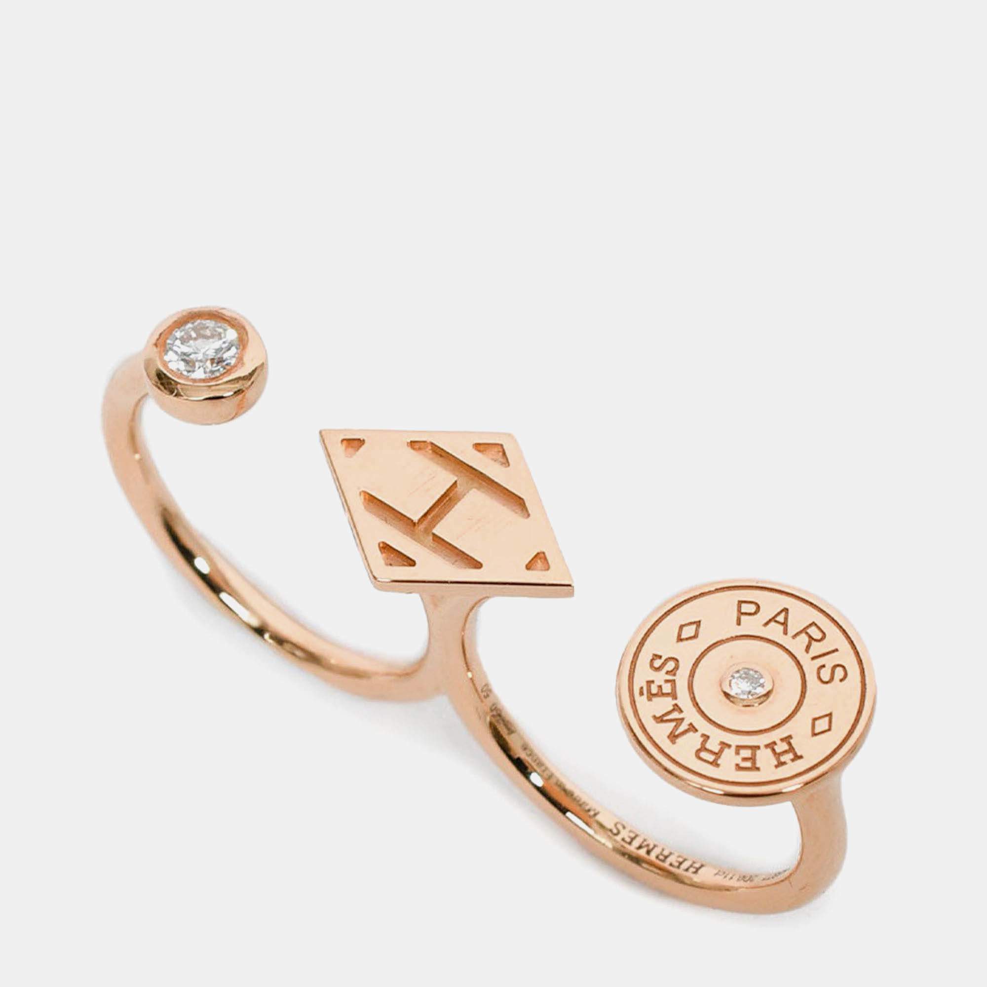 مملوكة مسبقًا Hermes 18K Rose Gold Diamond 'Gambade' Double Ring Size 50