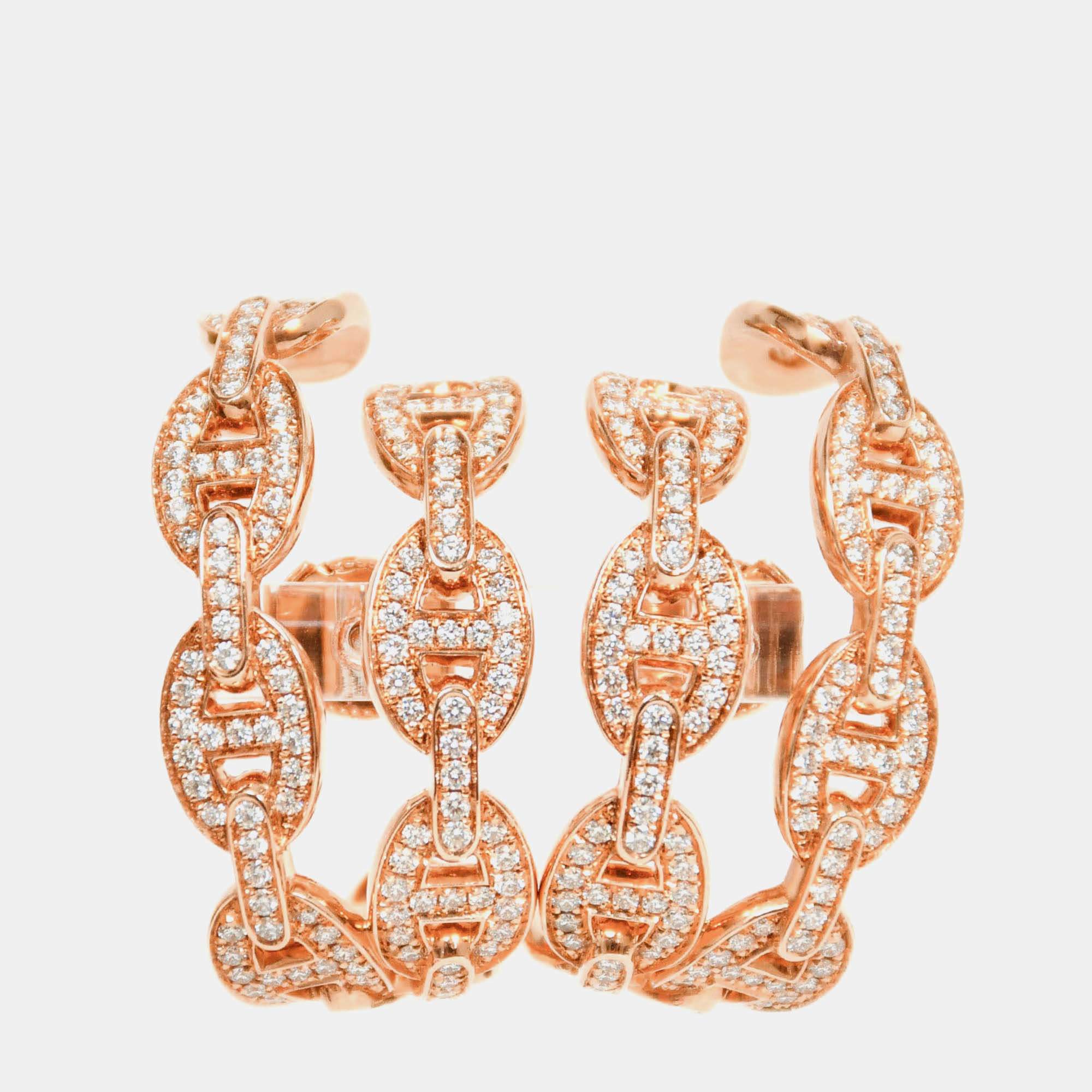 مملوكة مسبقًا Hermes 18K Rose Gold Diamonds Chaine d'Ancre Enchaine Cuff Earrings
