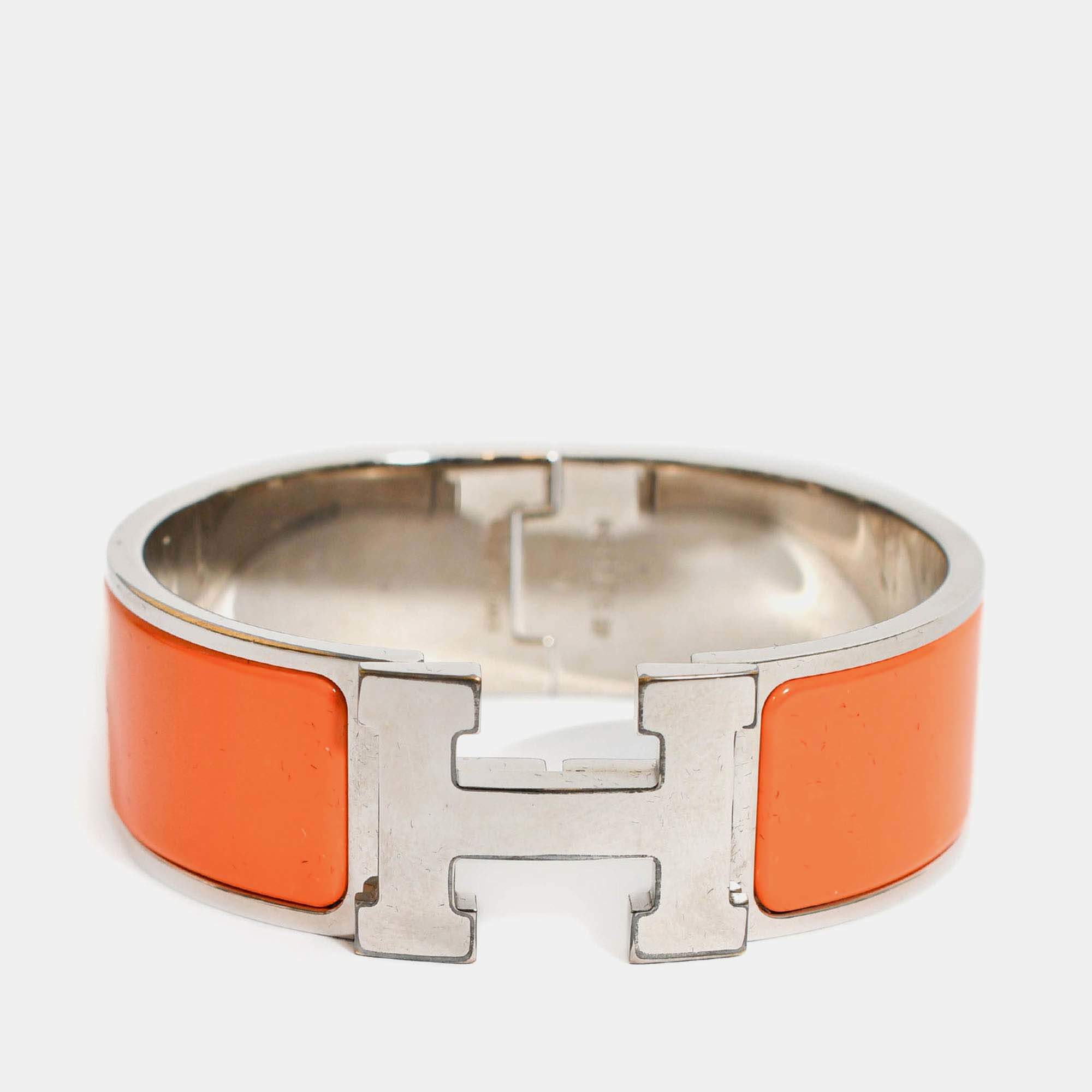 Pre Owned Hermes Silver Toned/Orange Ceramic Clic Clac Bracelet