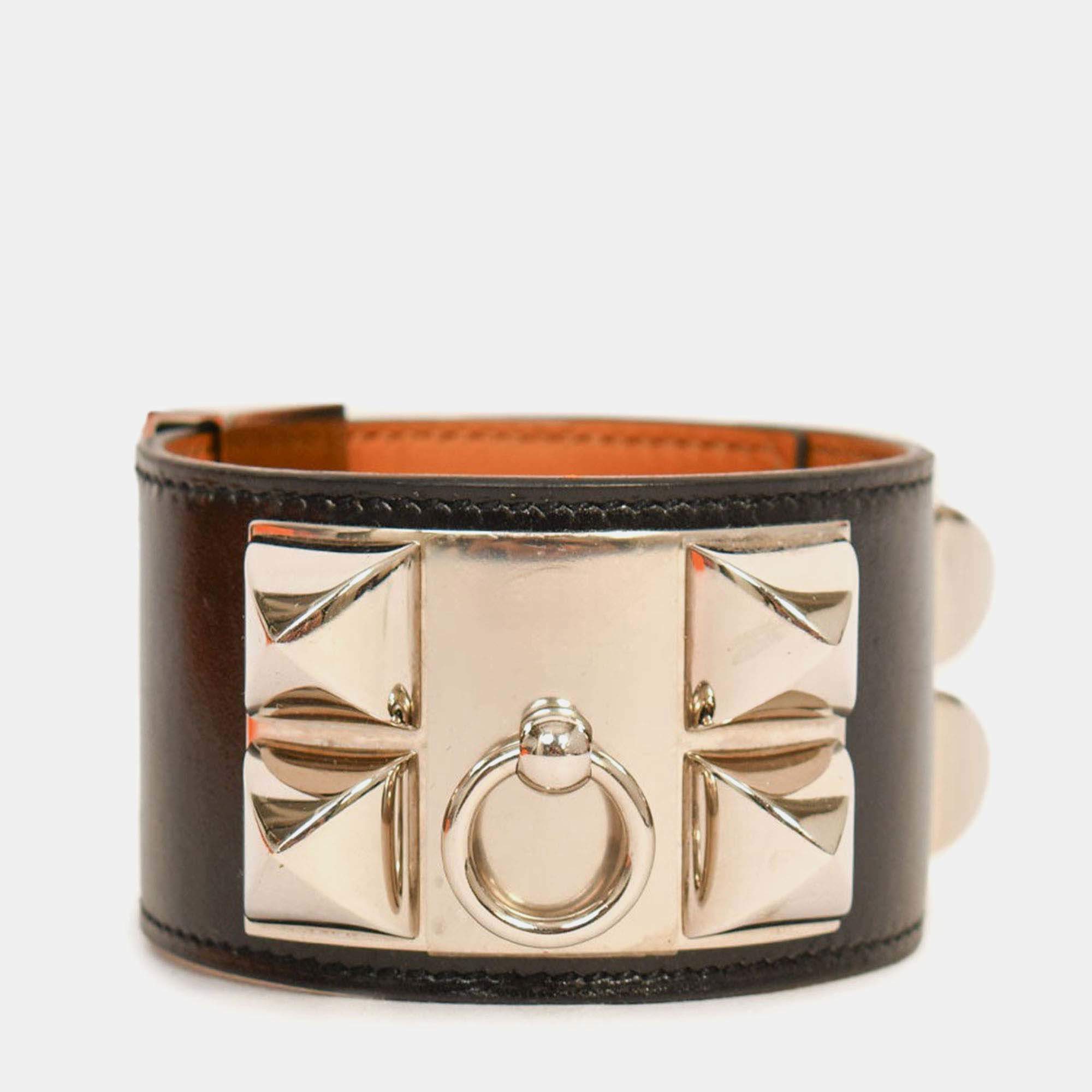 Pre Owned Hermes Black Leather Collier De Chien Bracelet PHW Size 3