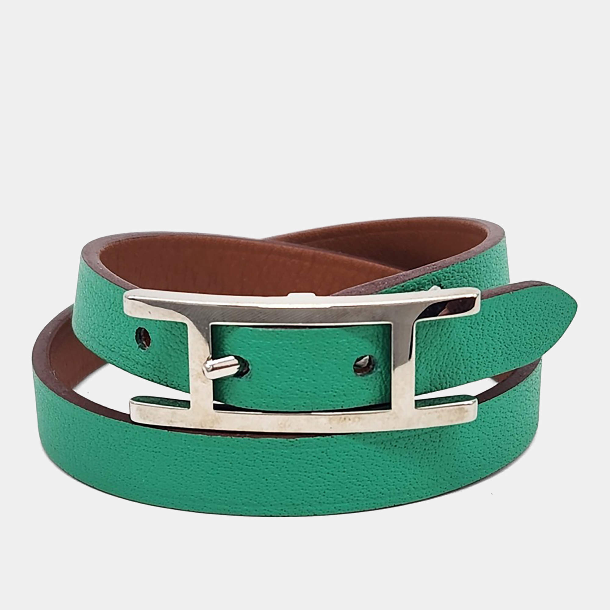 مملوكة مسبقًا Hermes Green Leather Behappy Double Strap Bracelet