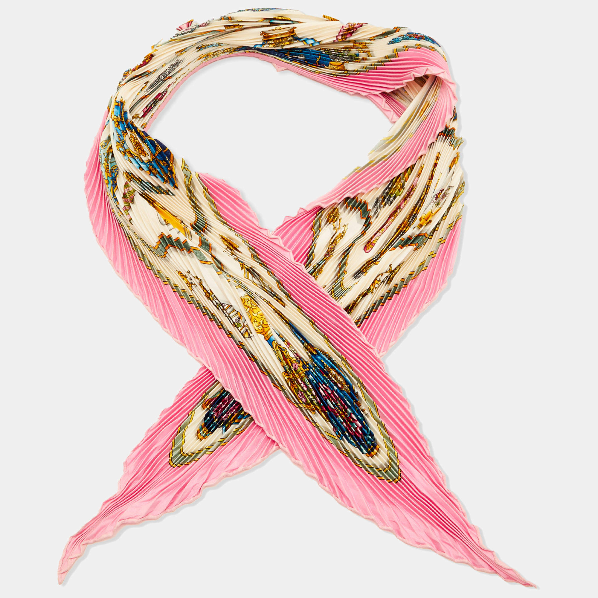 مملوكة مسبقًا Hermes Pink Qu' Importe Le Flacon Silk Pleated Scarf