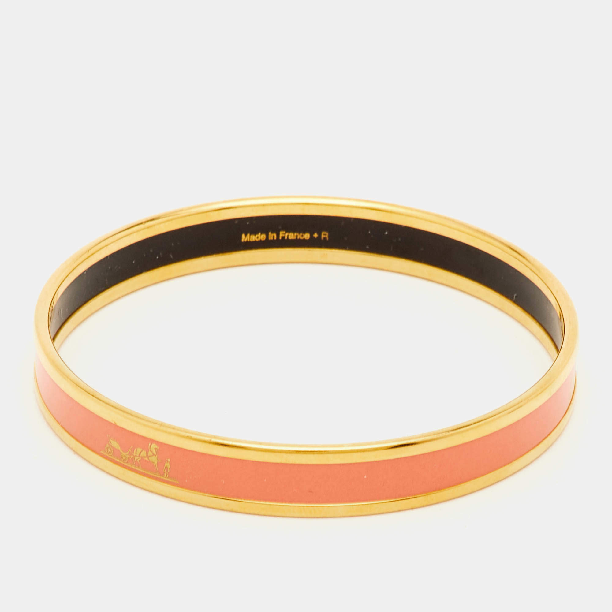Pre Owned Hermès Caleche Pink Enamel Gold Plated Narrow Bangle Bracelet 