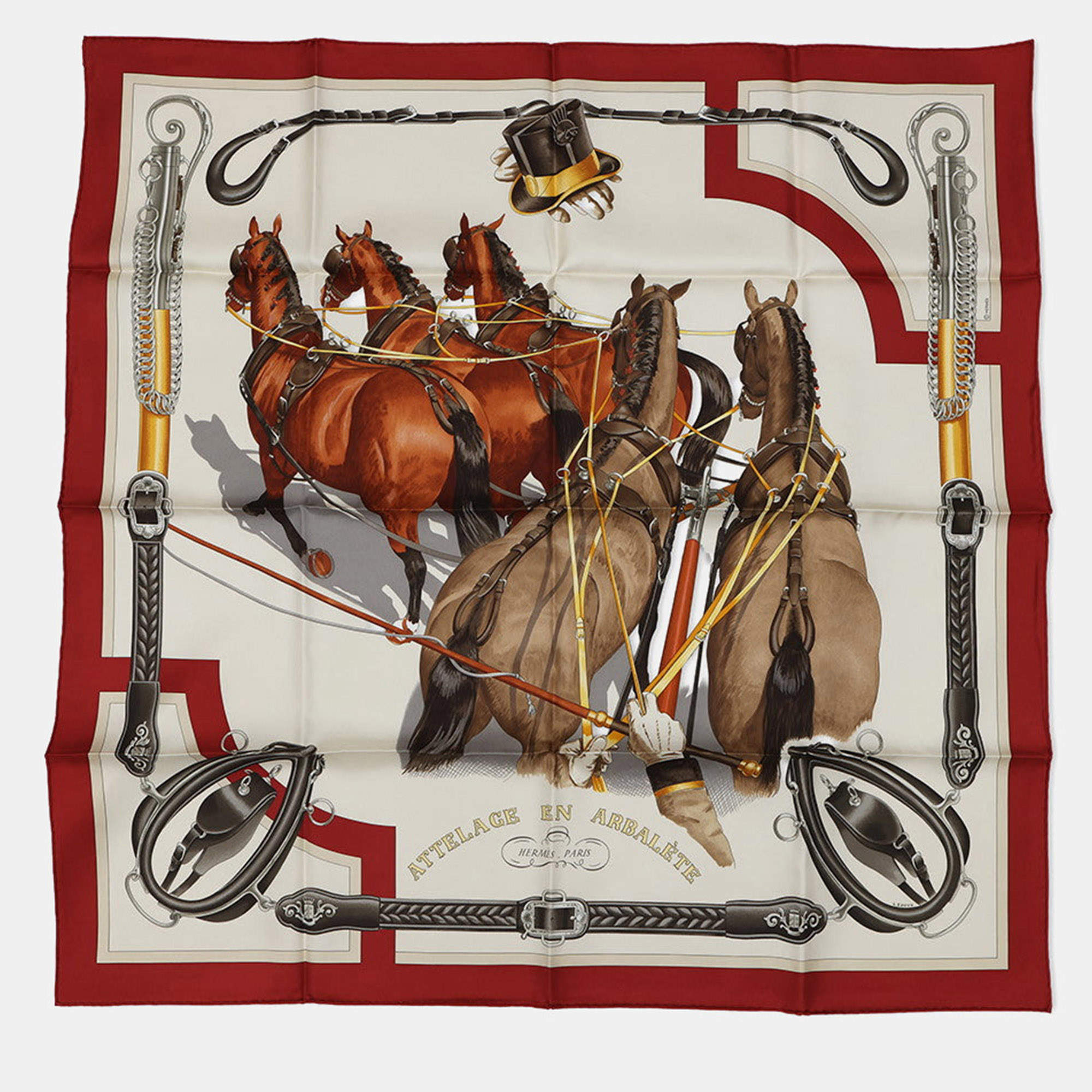 Pre Owned وشاح هيرمس كارير ٩٠ ركيوات كونيكشن بحجم ٩٠ روج كوي / غريج / هالزان حرير ١٠٠٪