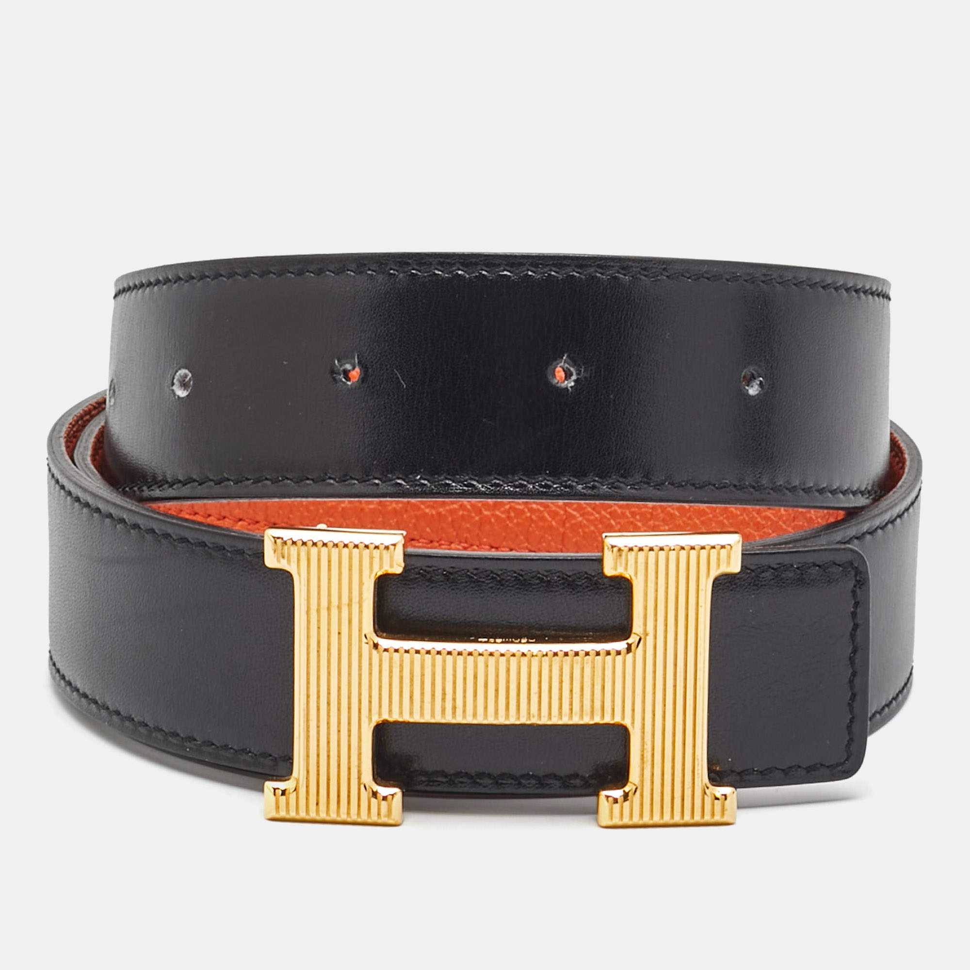 مملوكة مسبقًا حزام هيرمس ذو وجهين إبزيم أتش ستري جلد نعام فوشيا 80 سم