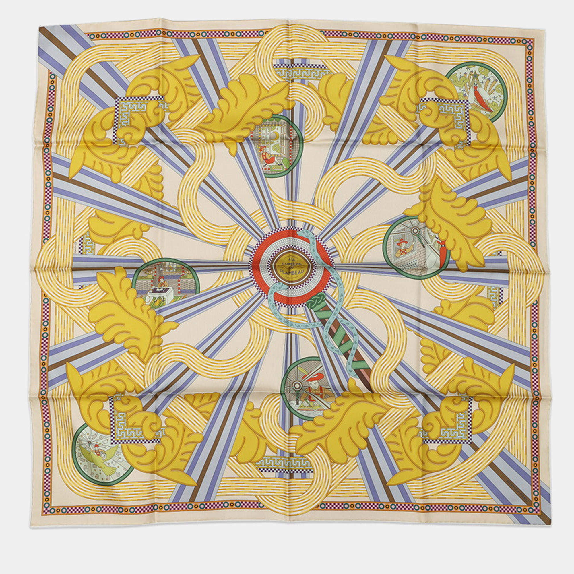 مملوكة مسبقًا وشاح هيرمس كار دابل فيس آ لا لوميير دو فلامبو دابل فيس تورشلايت مقاس تسعين كريم/مولدور/أزرق لافاند حرير 100%